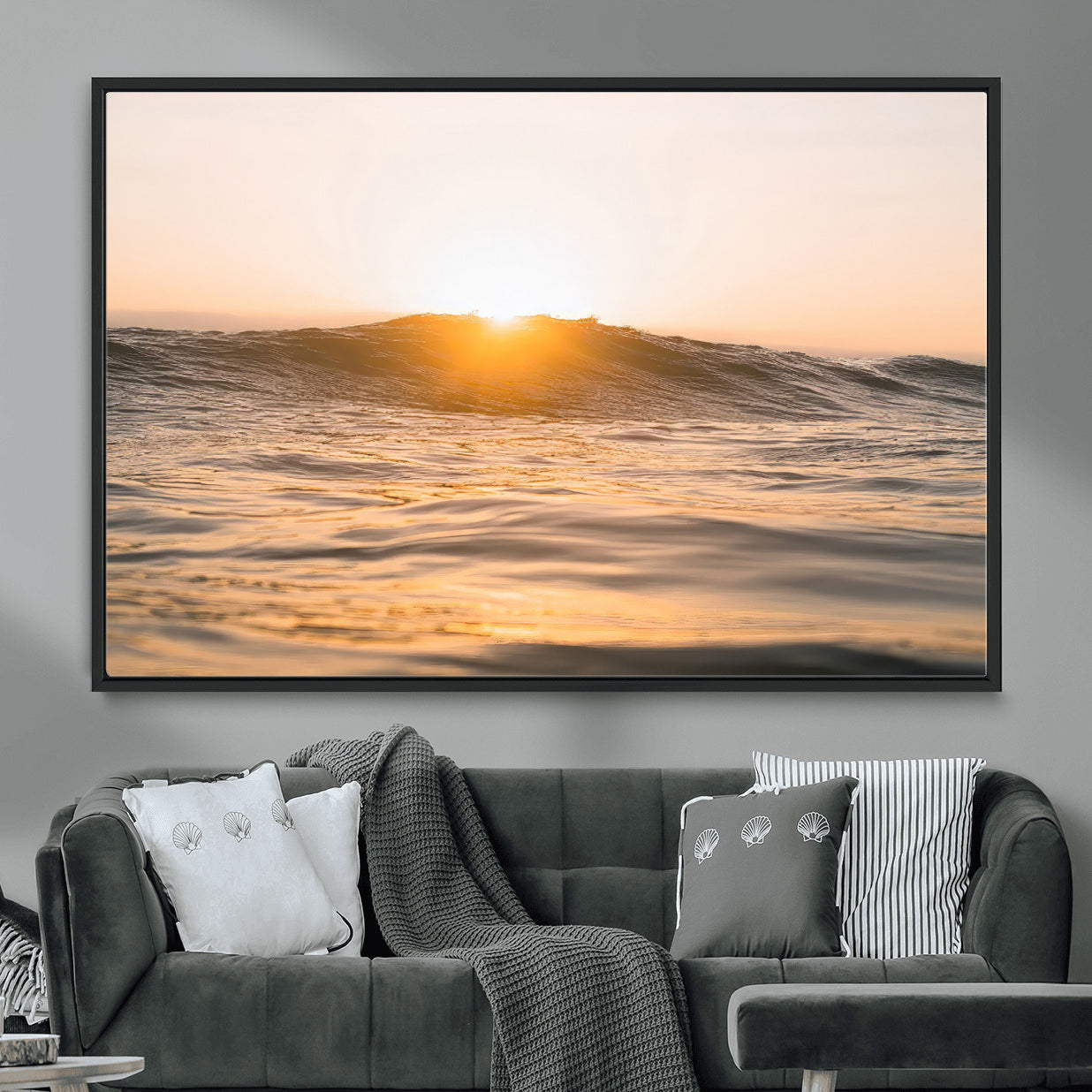 16973771-MGV-CV-36X24-Calm Water Wall Art – Framed Sunset Waves Canvas Artwork, Coastal Warm Design, Minimal Ocean Decor for Home, Office