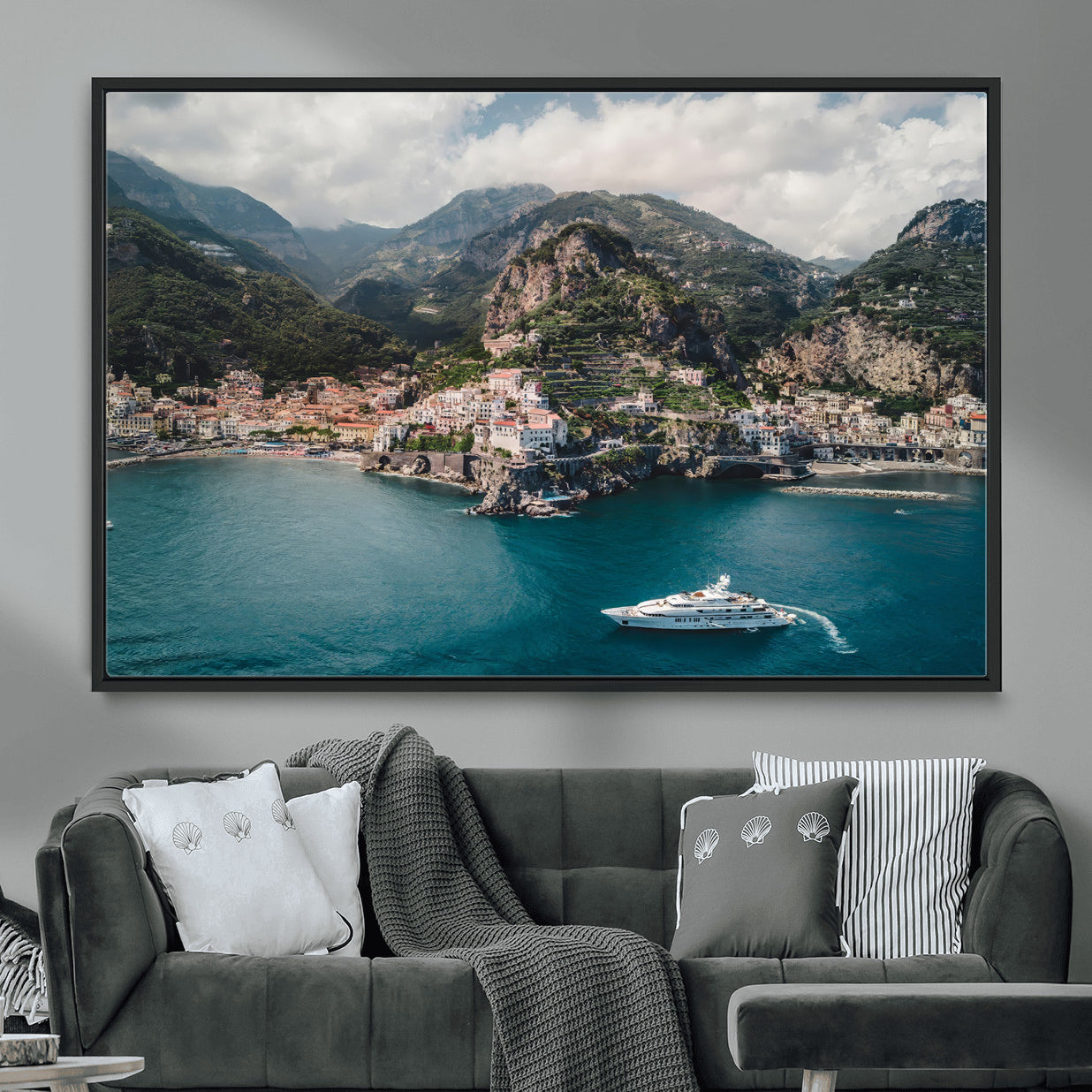 20321590-MGV-CV-36X24-Amalfi Coast Wall Art – Framed Italian Seaside Canvas Artwork, Mediterranean Landscape Design, Coastal Decor for Home, Office