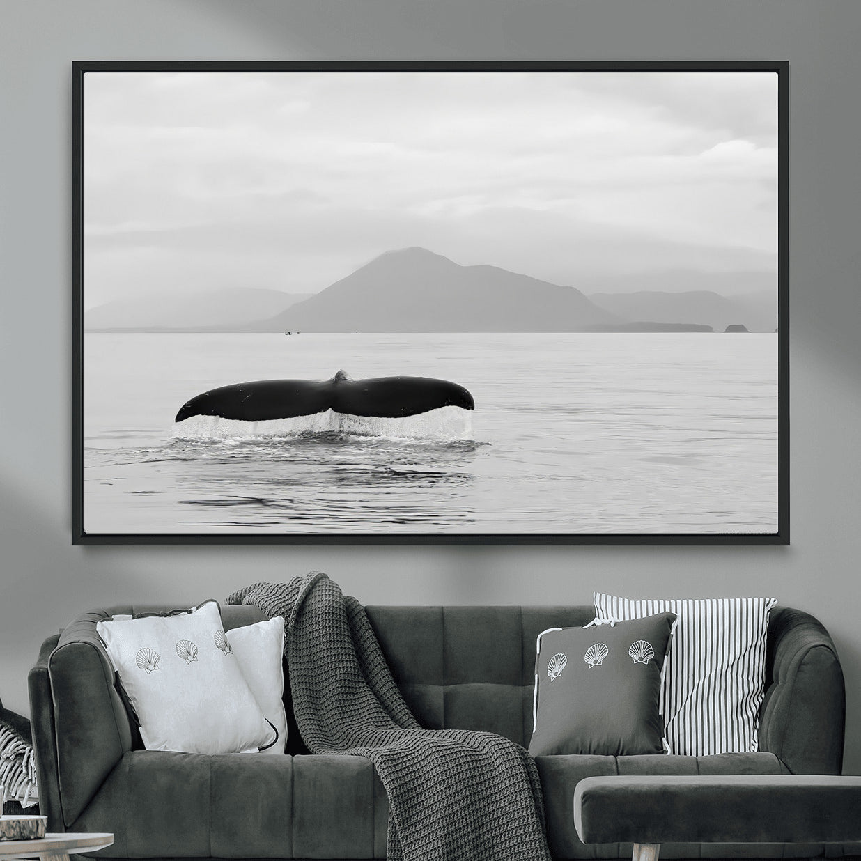 MGV-FC-36X24 - Whale Tail Wall Art Canvas Print, Framed Black White Ocean Art Picture Print, Calm Marine Perfect Minimalist Coastal Decor Artwork