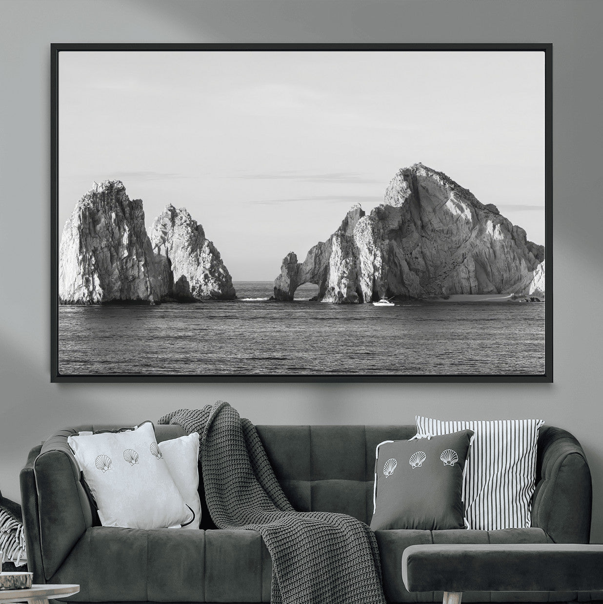 MGV-FC-36X24 - Rugged Coastline Wall Art Canvas Print, Framed Ocean Cliffs Art Picture Print, Monochrome Seascape Perfect Coastal Minimalist Decor Artwork