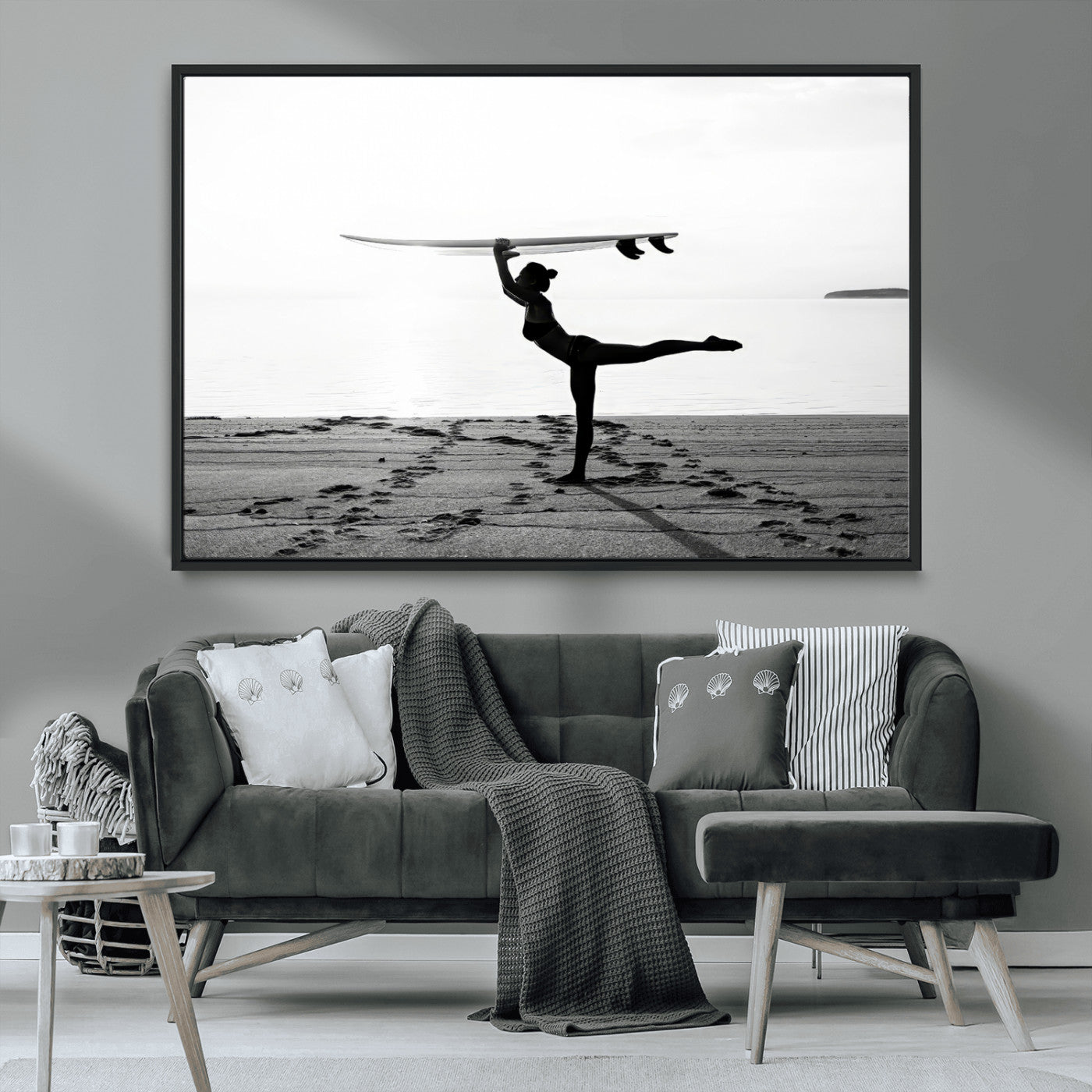 28441356-MGV-CV-36X24-Yoga Surf Wall Art Canvas Print – Framed Black White Shore Scene with Peaceful Ocean Artwork for Home, Office
