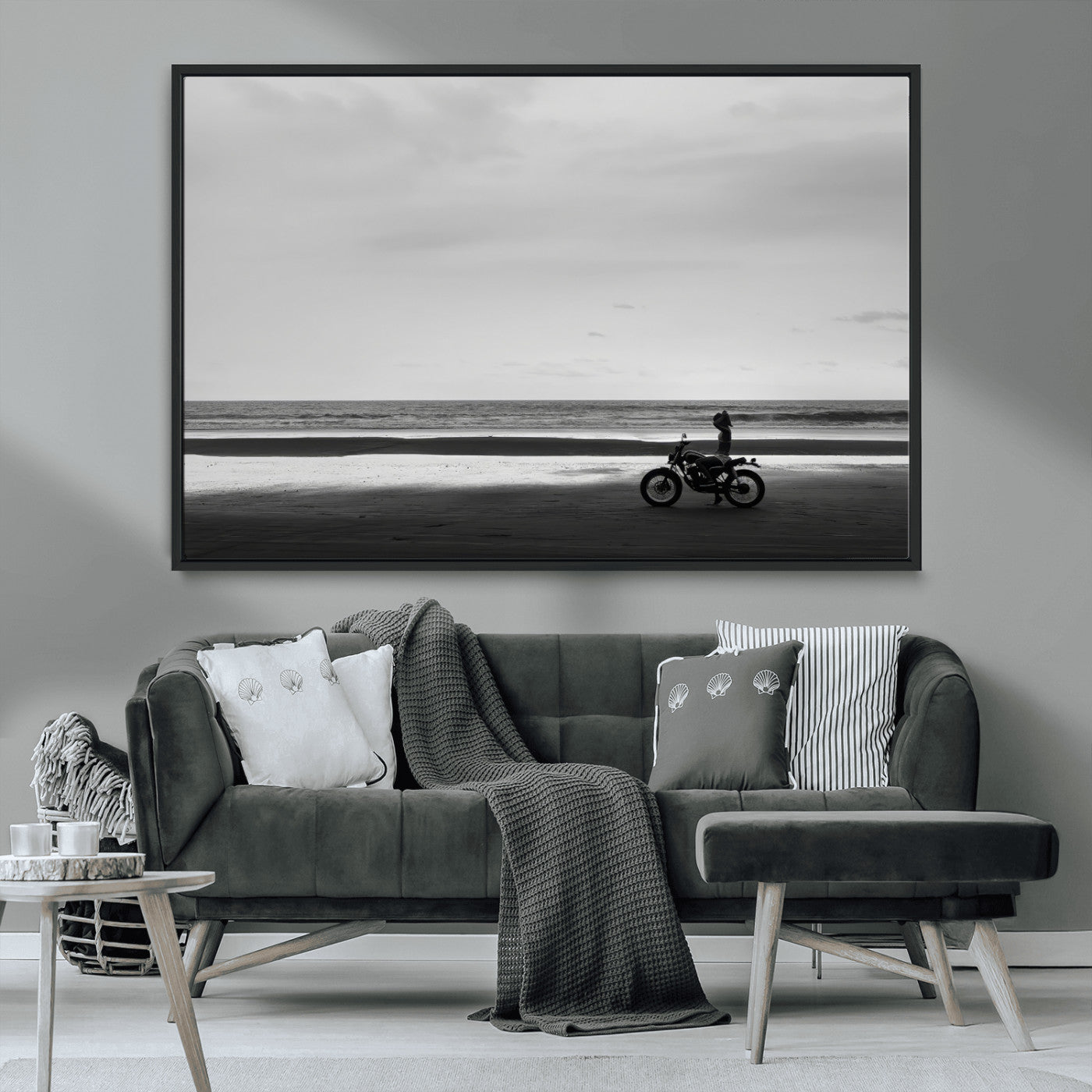 84739358-MGV-CV-36X24-Motorcycle Beach Wall Art Canvas Print – Framed Vintage Motorcycle Scene with Biker Silhouette Artwork for Home, Office