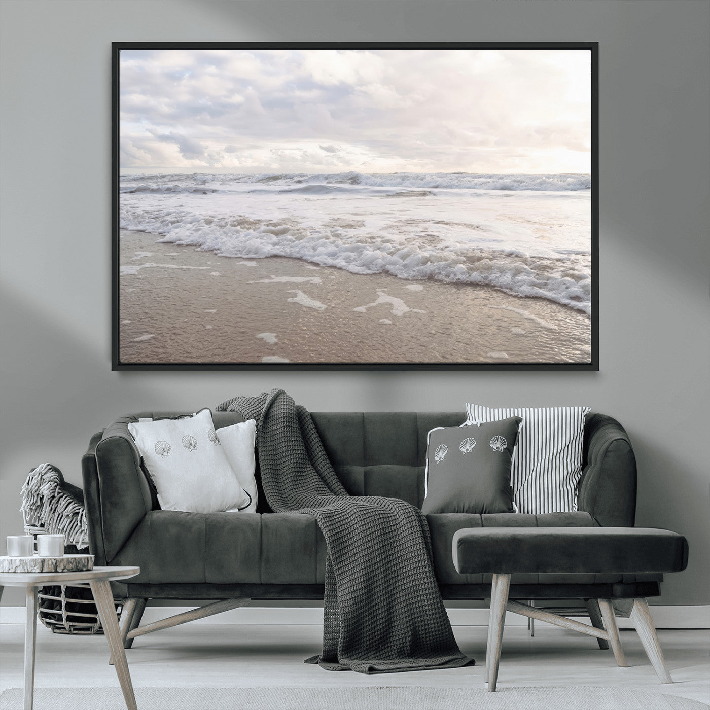 70596264-MGV-CV-36X24-Ocean Waves Wall Art Canvas Print – Framed Coastal Shoreline Scene with Sea Foam Artwork for Home, Office