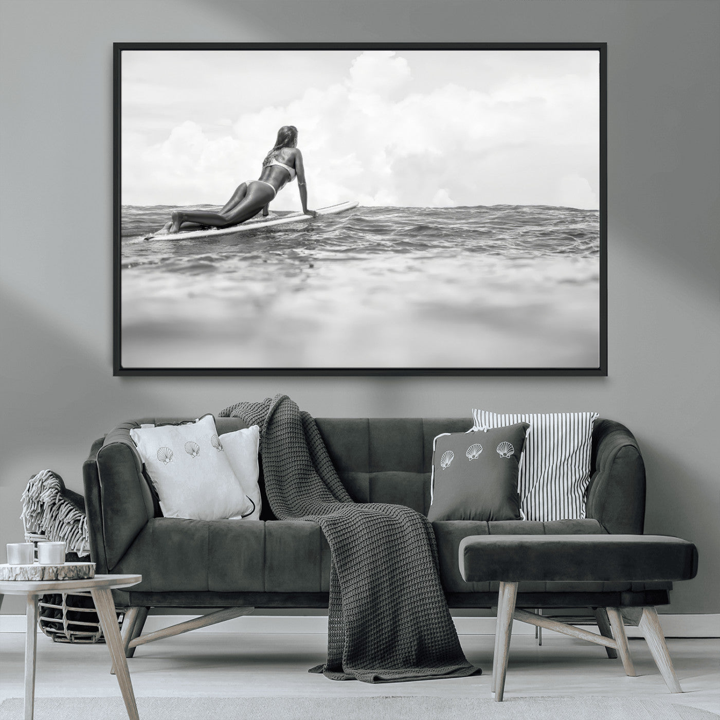 69798068-MGV-CV-36X24-Black and White Surfing Wall Art Canvas Print – Framed Ocean Horizon with Surfer Girl Coastal Adventure Artwork for Home, Office