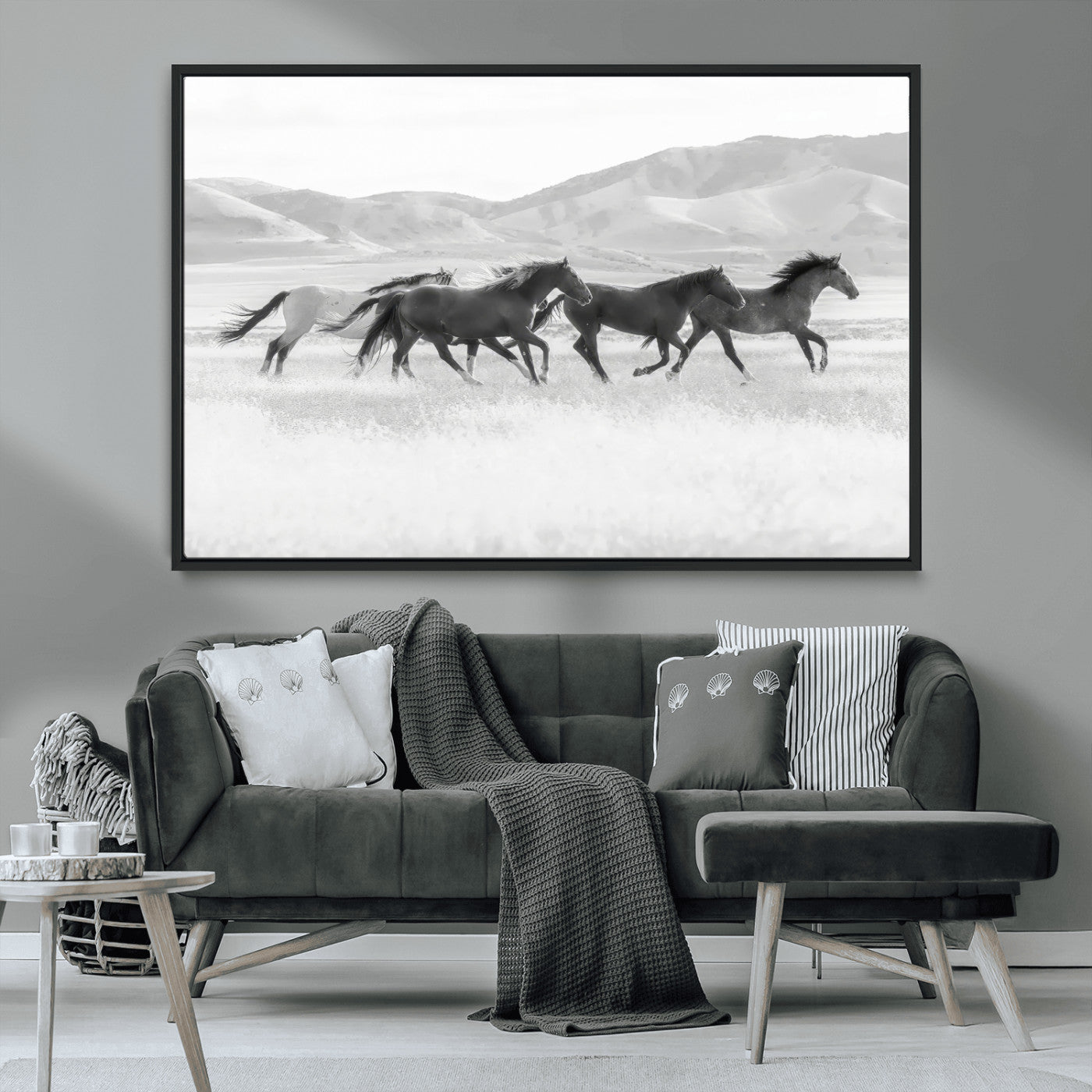 MGV-FC-36X24 - Wild Horses Wall Art – Black & White Canvas Print of Herd Running, Nature in Motion, Freedom & Beauty Decor for Guest Room, Office or Living Room