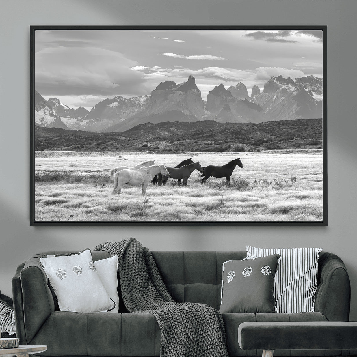 MGV-FC-36X24 - Wild Horses Wall Art Canvas Print, Framed Black White Mountains Art Picture Print, Rustic Countryside Perfect Rustic Western Decor Artwork