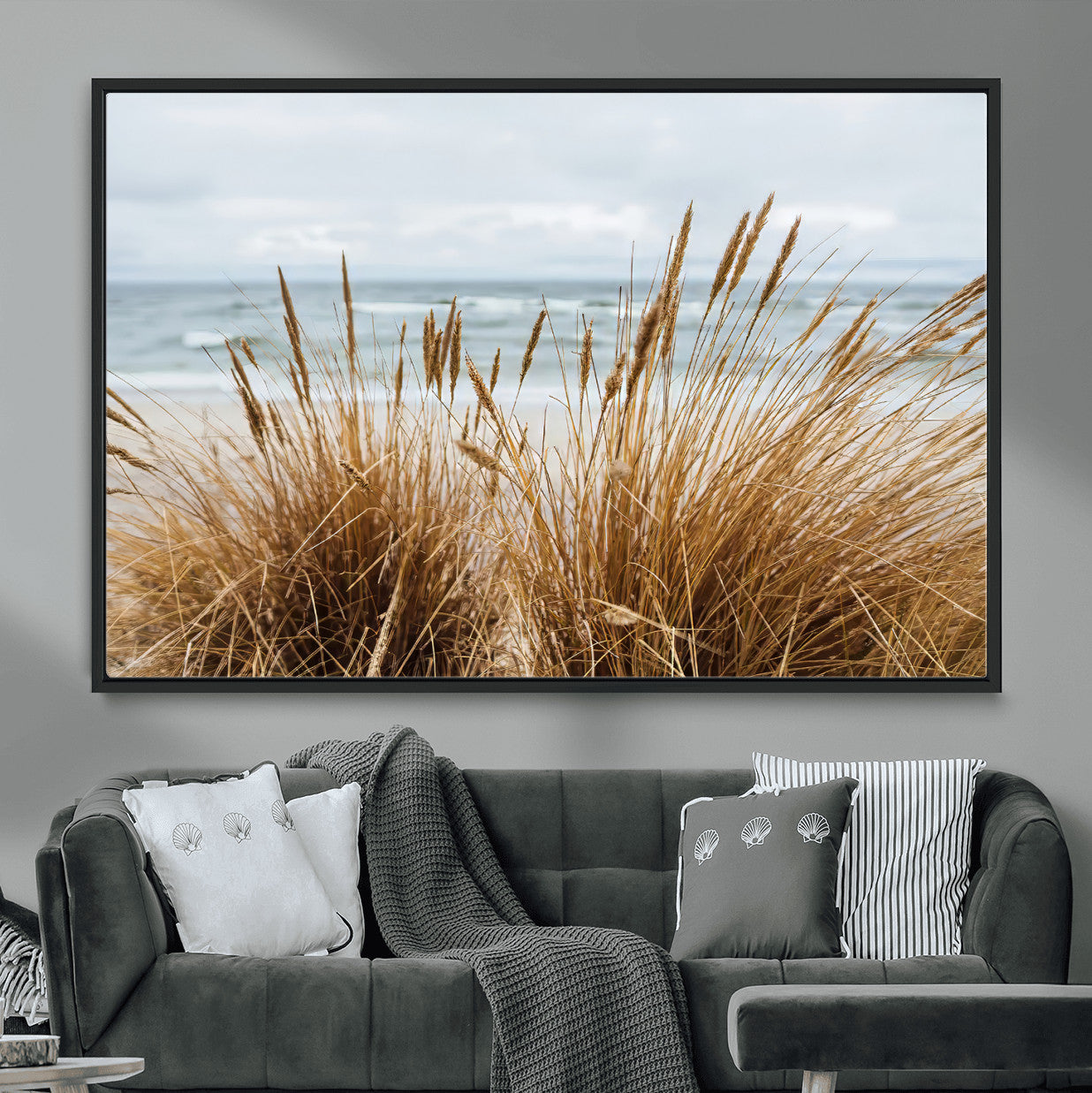 14270839-MGV-CV-36X24-Beach Grass Wall Art – Framed Coastal Dunes Canvas Artwork, Minimal Seaside Design, Modern Coastal Decor for Home, Office