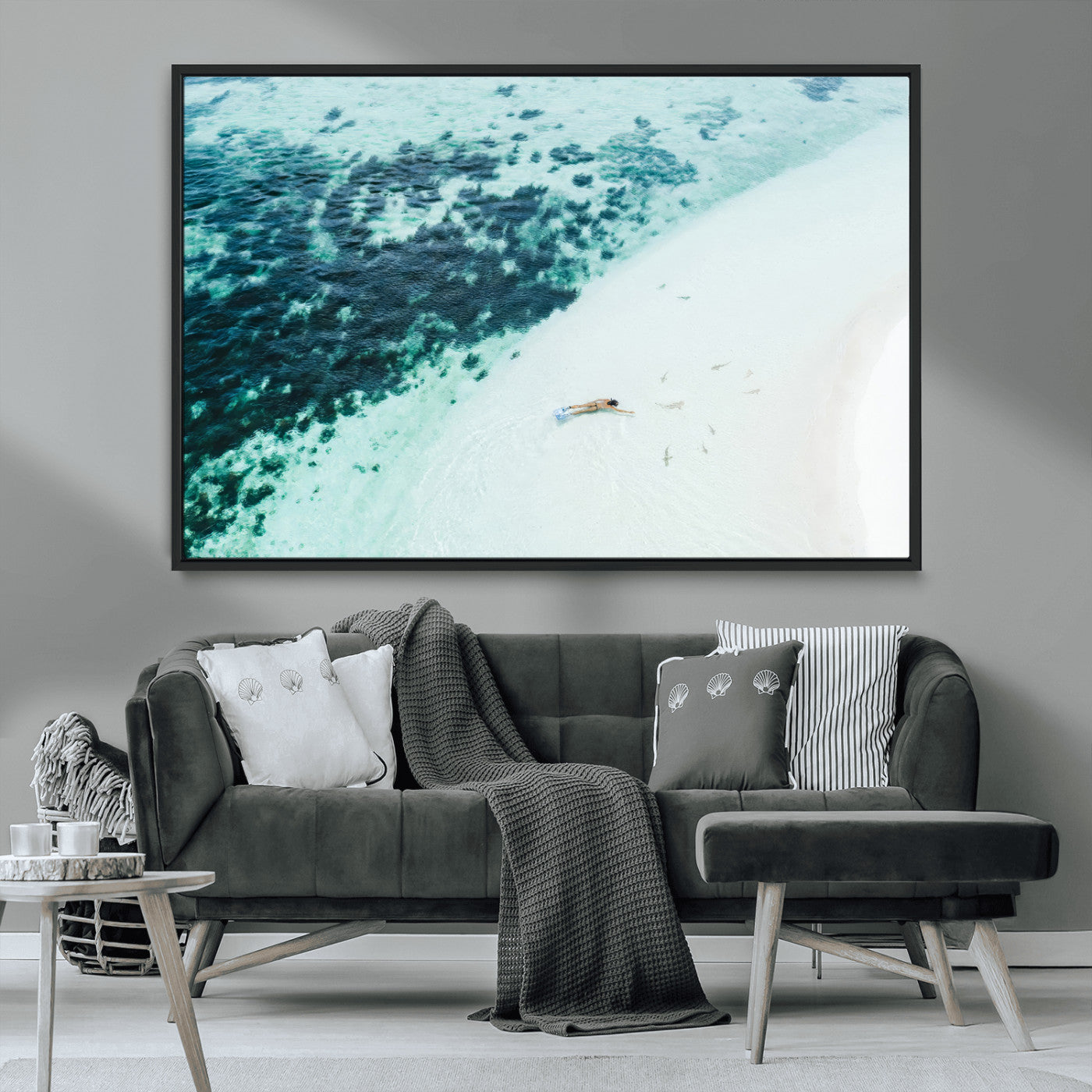 33764764-MGV-CV-36X24-Minimal Beach Wall Art – Framed Ocean Swimming Canvas Artwork, Clear Blue Sea Design, Modern Coastal Decor for Home, Office