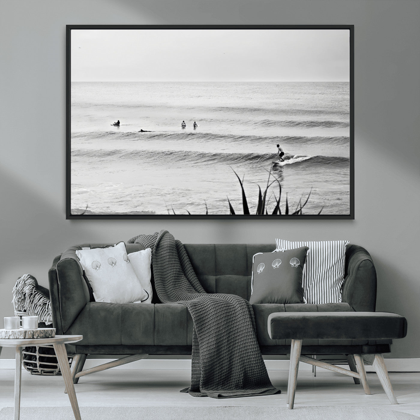 33821421-MGV-CV-36X24-Surfer Silhouette Wall Art – Framed Calm Ocean Canvas Artwork, Monochrome Minimal Design, Modern Coastal Decor for Home, Office