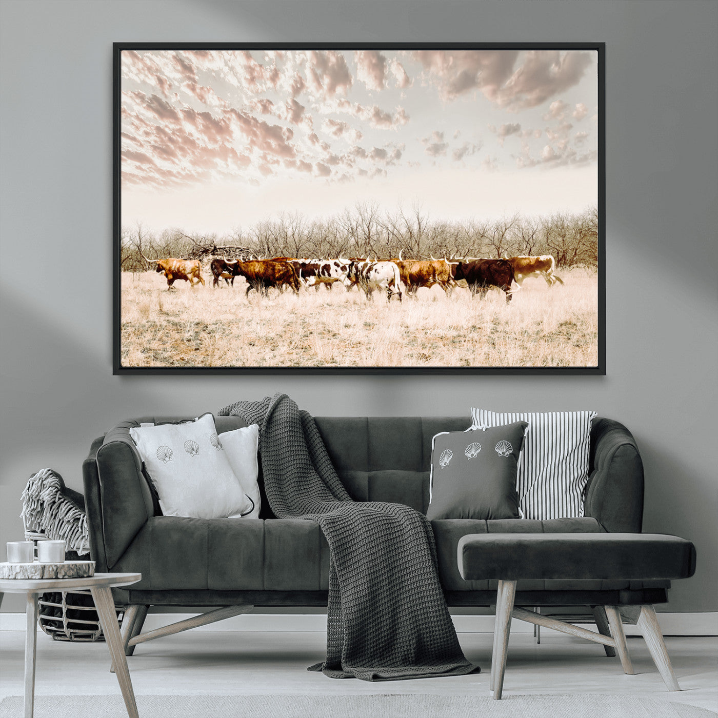 64892775-MGV-CV-36X24-Longhorn Cattle Wall Art Canvas Print – Framed Texas Ranch Scene with Western Cow Artwork for Home, Office
