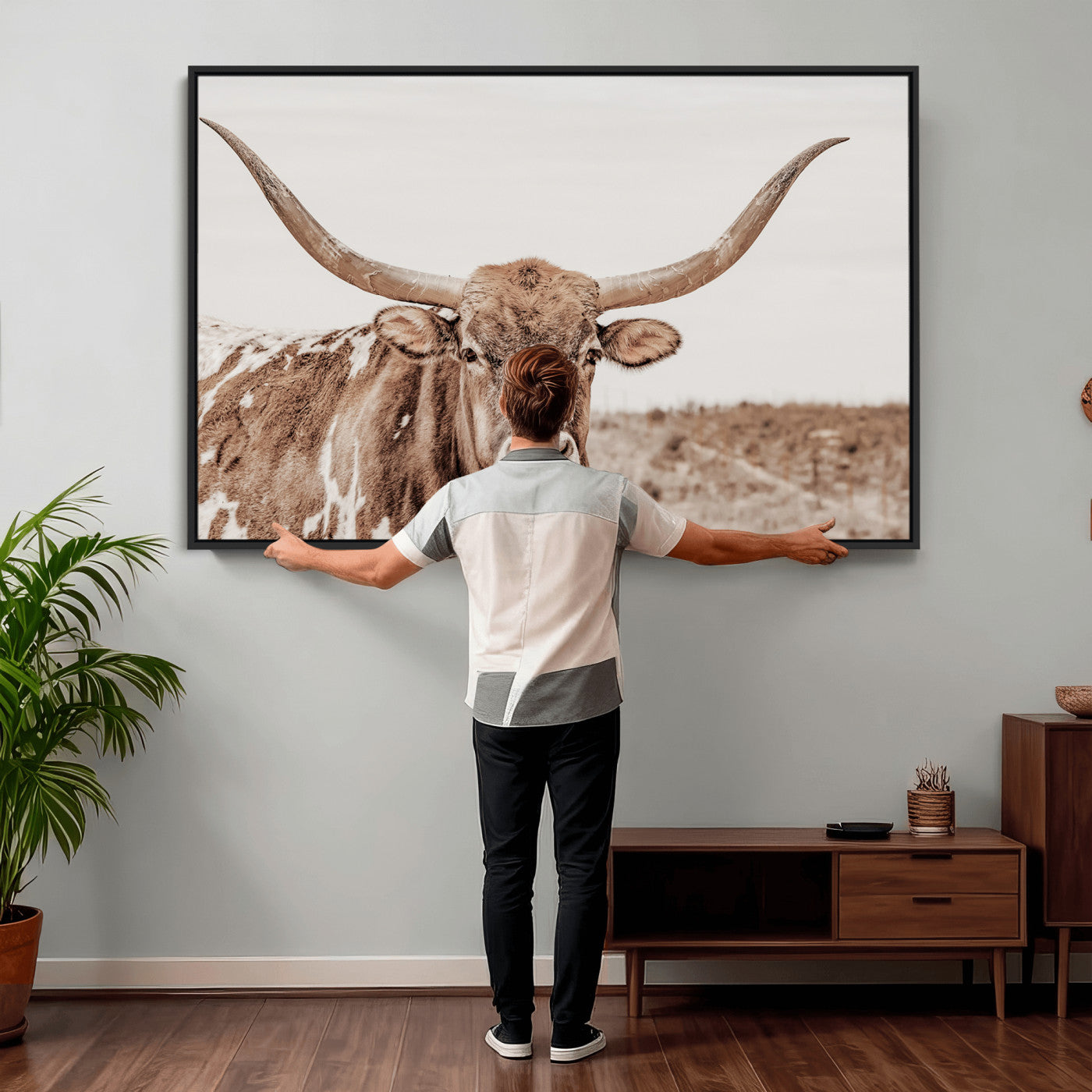 39964150-MGV-CV-36X24 - Longhorn Cow Wall Art Canvas Print, Texas Ranch Print, Framed Western Bull Art Print, Large BigHorn Cowboy Printing Perfect for County Decor