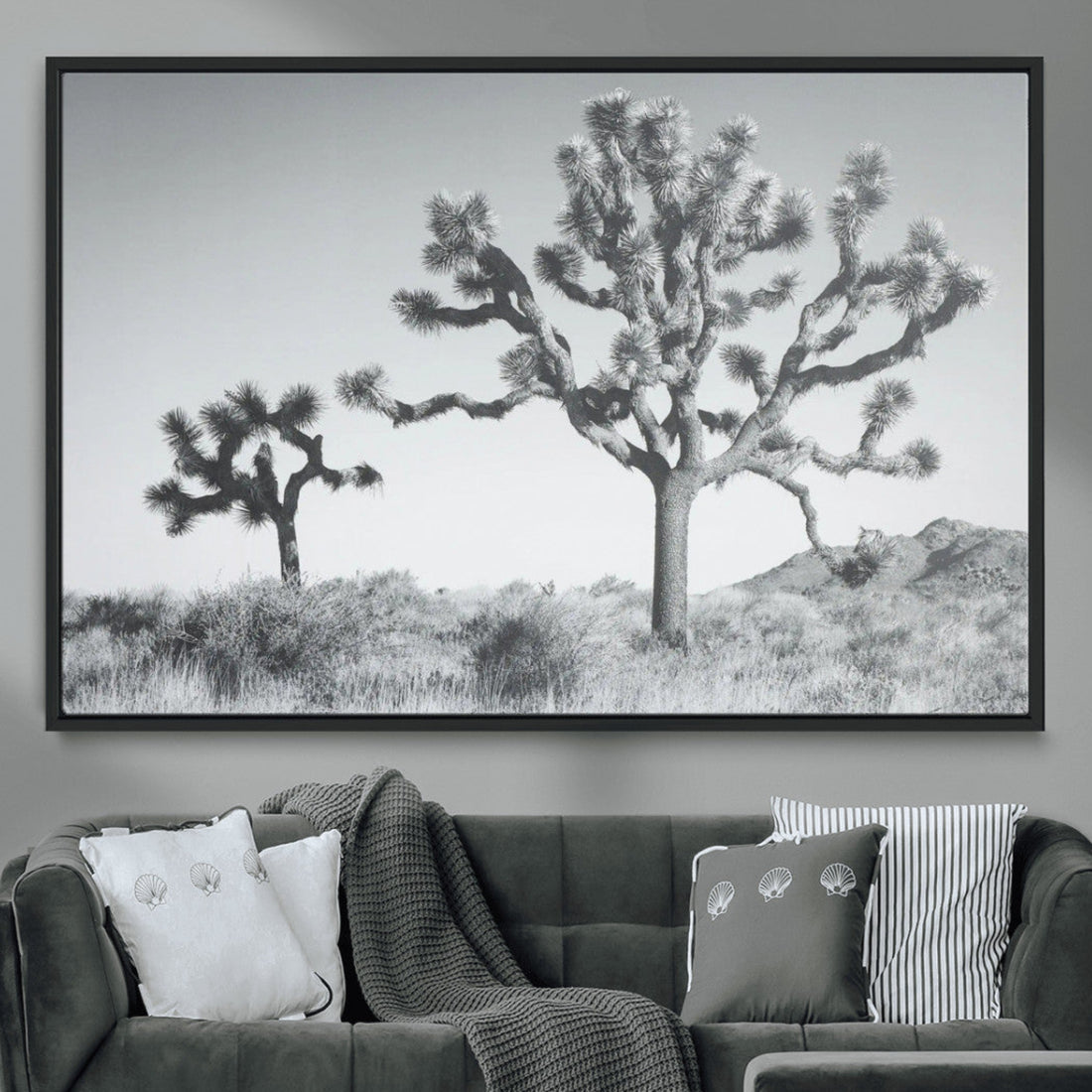 Joshua Tree Wall Art Canvas Print, Framed Black and White Desert Landscape Artwork