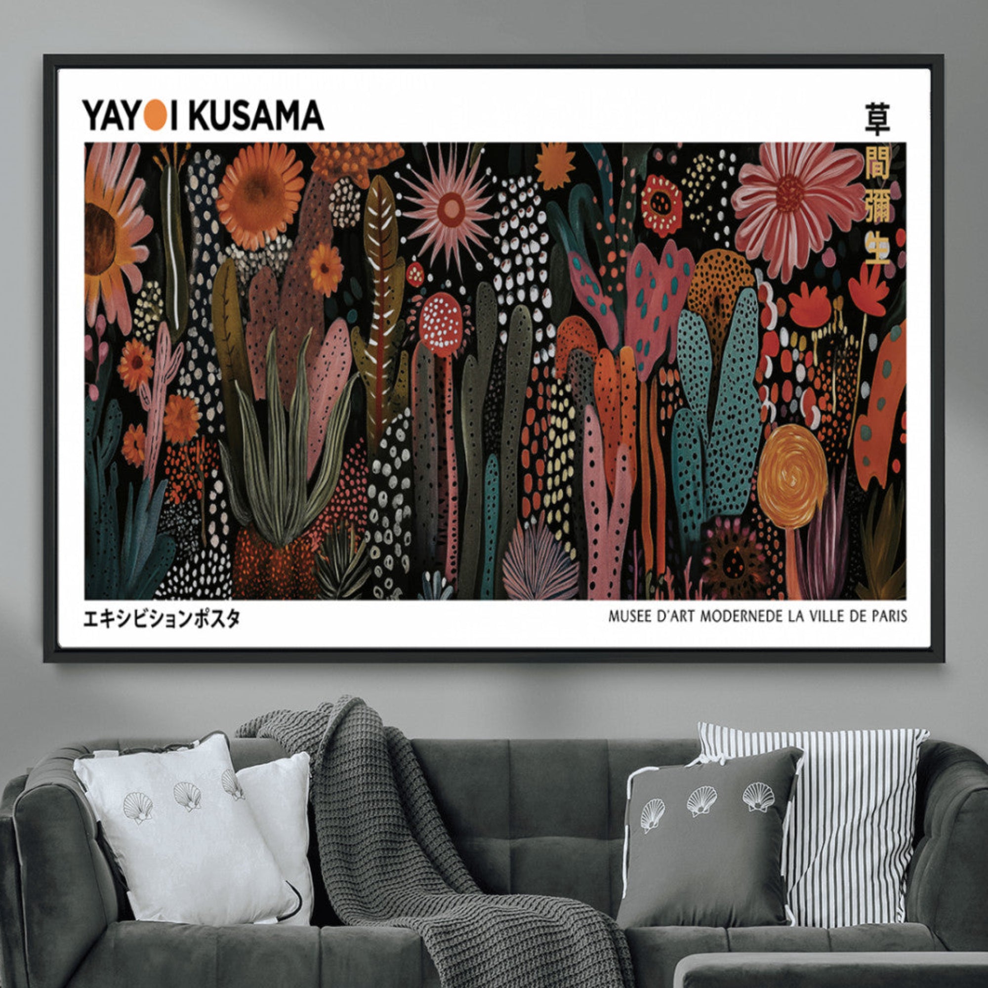 70632622-MGV-CV-36X24-Modern Japanese Wall Art Canvas Print – Framed Abstract Mount Fuji Scene with Yayoi Kusama Artwork for Home, Office