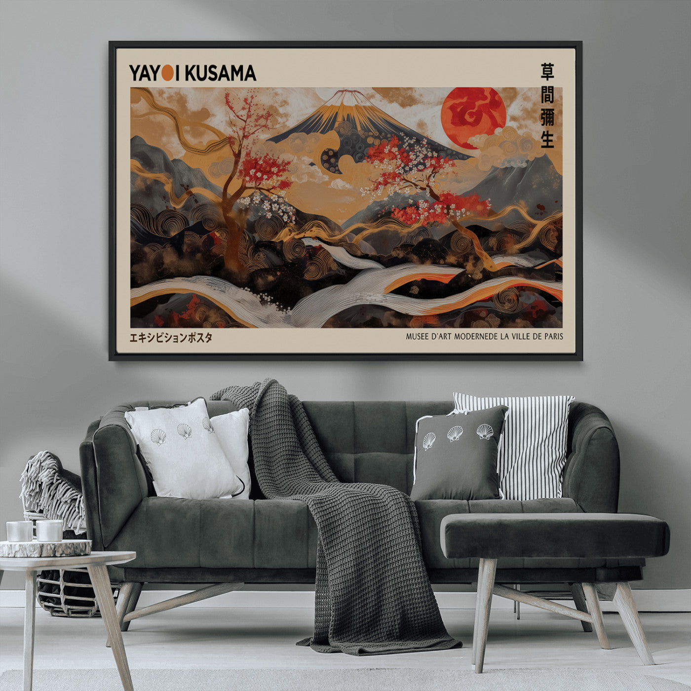 77970791-MGV-CV-36X24-Modern Japanese Wall Art Canvas Print – Framed Abstract Mount Fuji Scene with Yayoi Kusama Artwork for Home, Office