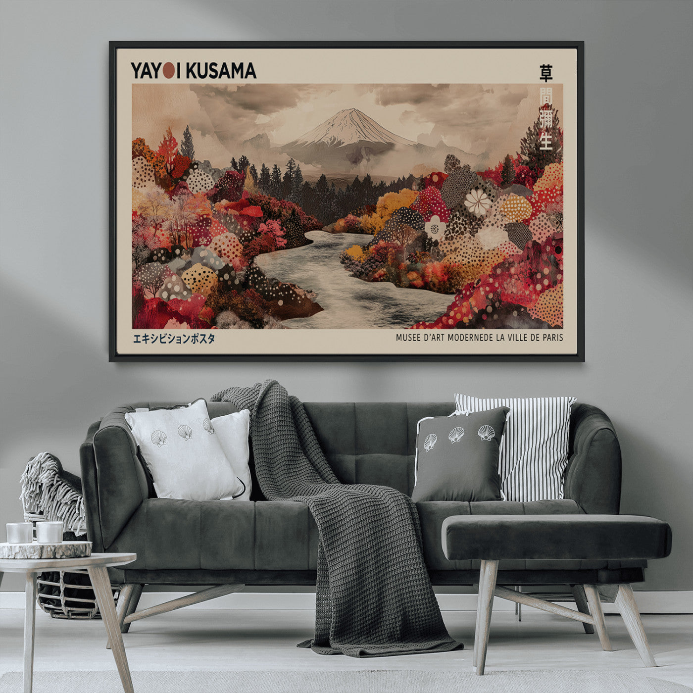 90660838-MGV-CV-36X24-Modern Japanese Wall Art Canvas Print – Framed Abstract Mount Fuji Scene with Yayoi Kusama Artwork for Home, Office