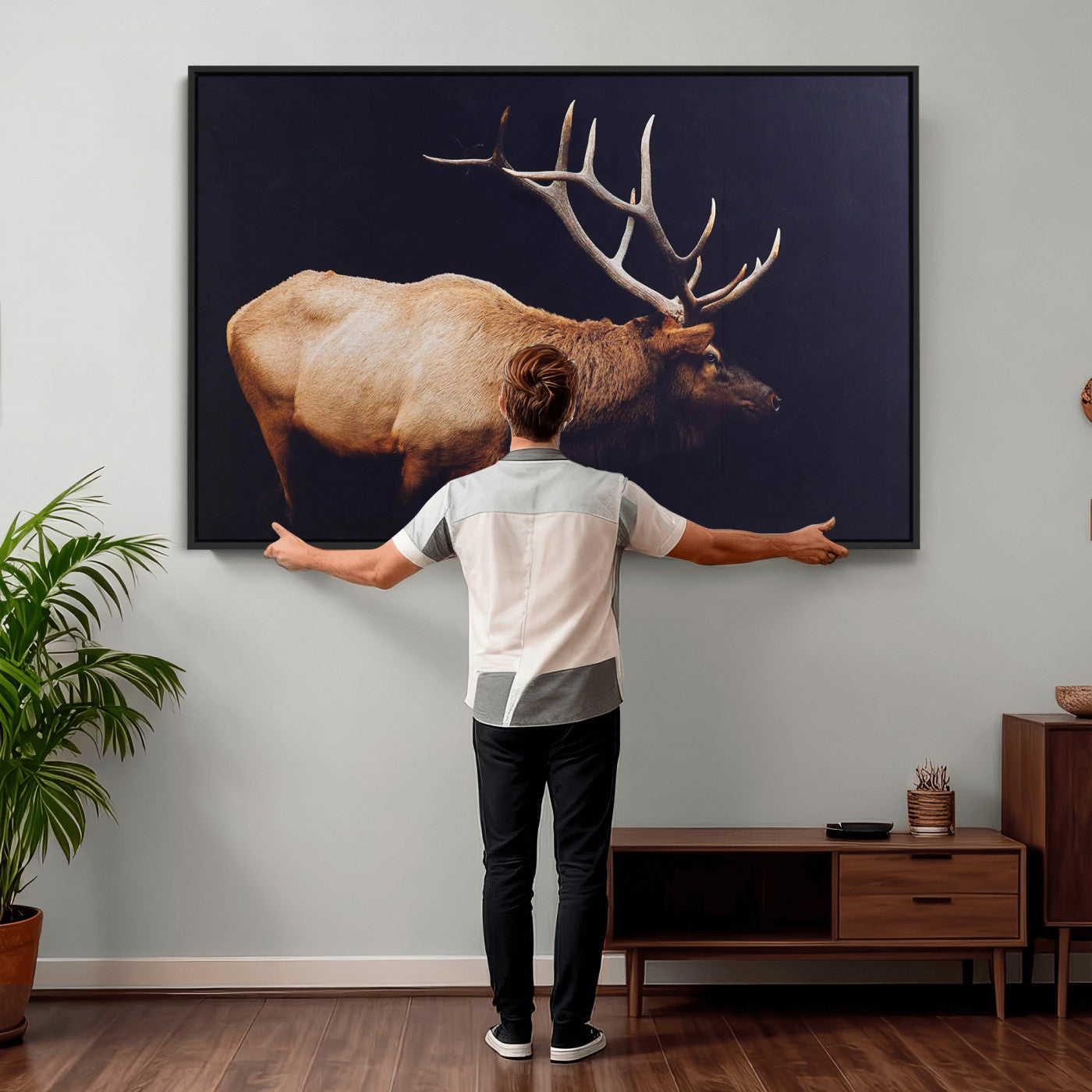 89239257-MGV-CV-36X24 - Rustic Elk Wall Art Canvas Print – Framed Moody Wildlife Art Picture Western Animal Artwork for Home, Office Decor
