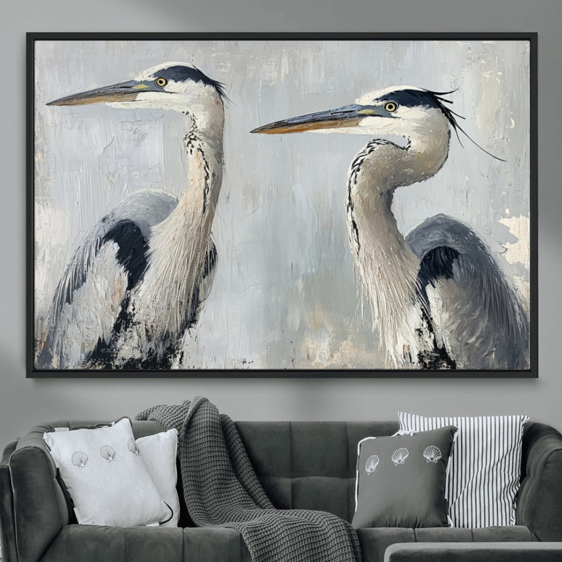 Blue Heron Wall Art Canvas Print, Framed Coastal Bird Pair Minimalist Wildlife Artwork