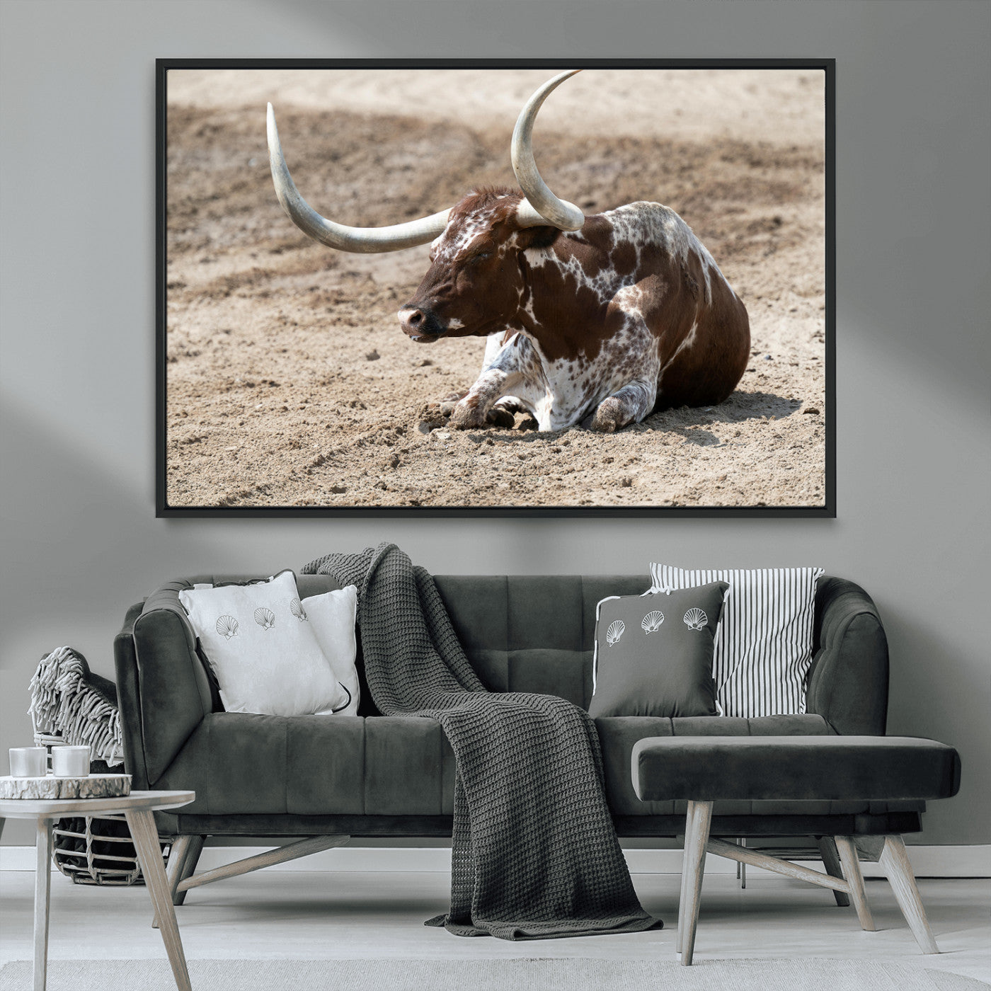 76549210-MGV-CV-36X24-Texas Longhorn Wall Art Canvas Print – Framed Country Living Farmhouse Rustic Cattle Scene Artwork for Home Office