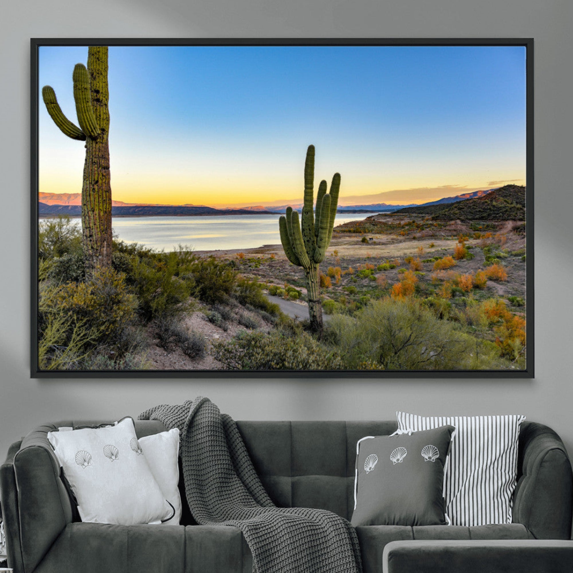 52844711-MGV-CV-36X24-Saguaro Cactus Wall Art Canvas Print – Framed Desert Sunset Southwestern Nature Scene Artwork for Home Office