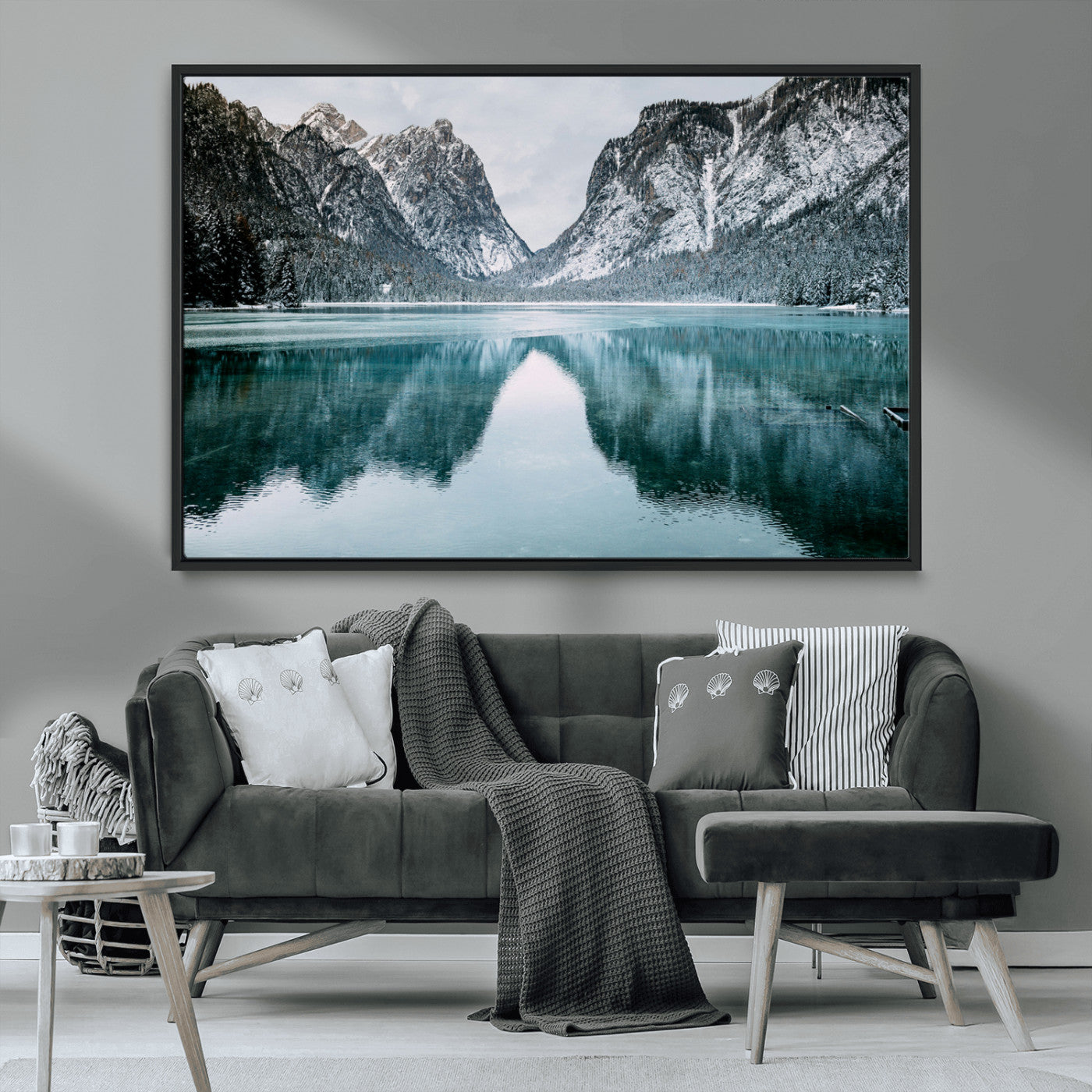 73098373-MGV-CV-36X24-Mountain Lake Wall Art Canvas Print – Framed Snowy Peaks Wonderland Nature Scene Artwork for Home Office