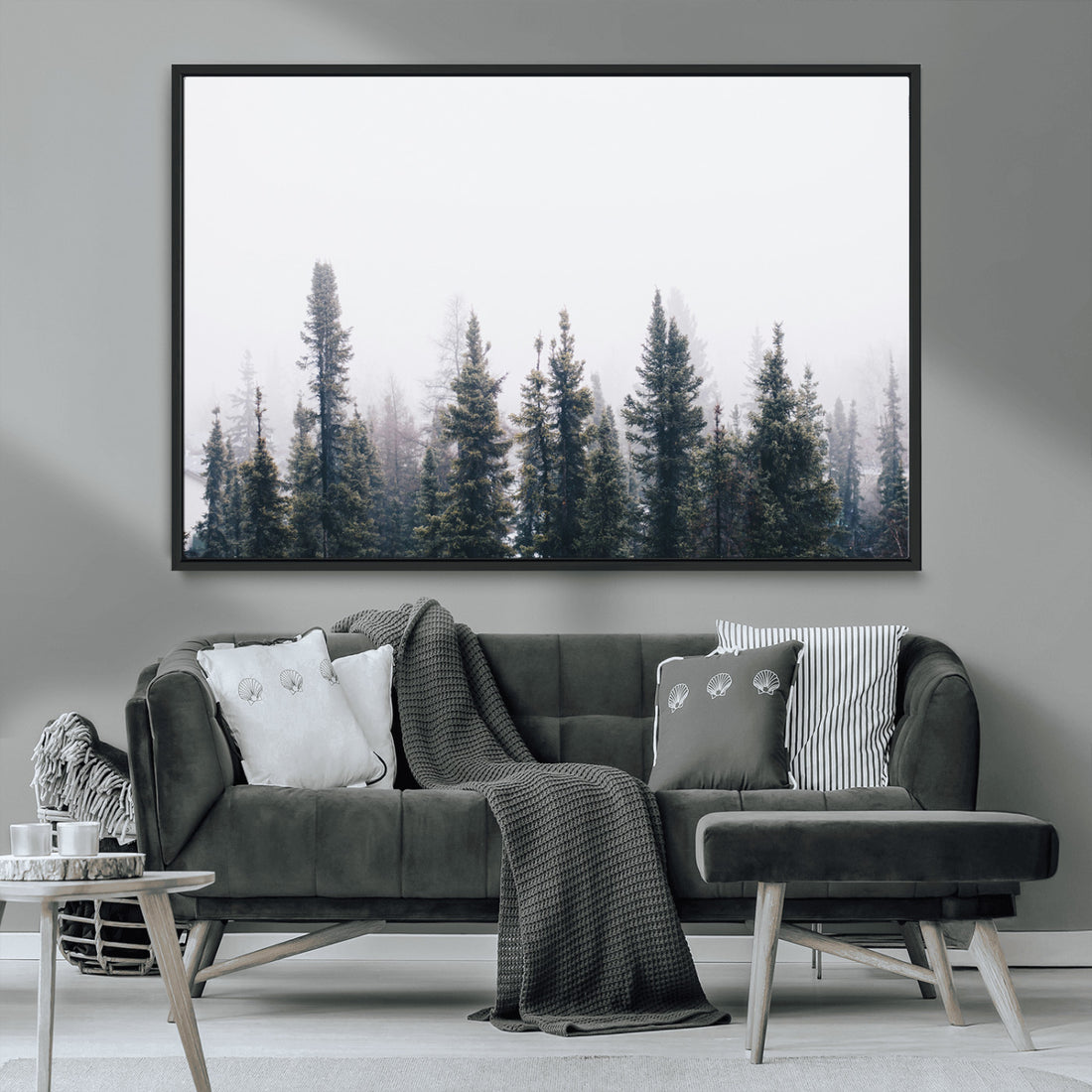 Foggy Forest Wall Art Canvas Print, Framed Misty Pines Art, Moody Woodland Scandinavian Minimalist Decor