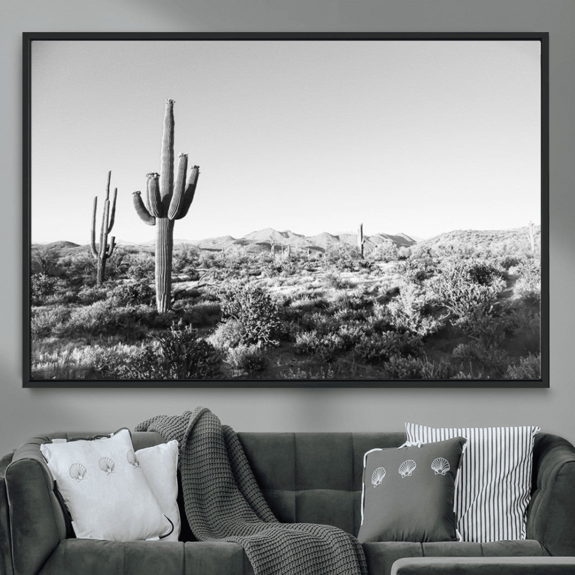 85205054-MGV-CV-36X24-Saguaro Cactus Wall Art Canvas Print – Framed Monochrome Landscape Scenic Arizona Minimalist Western Artwork for Home, Office