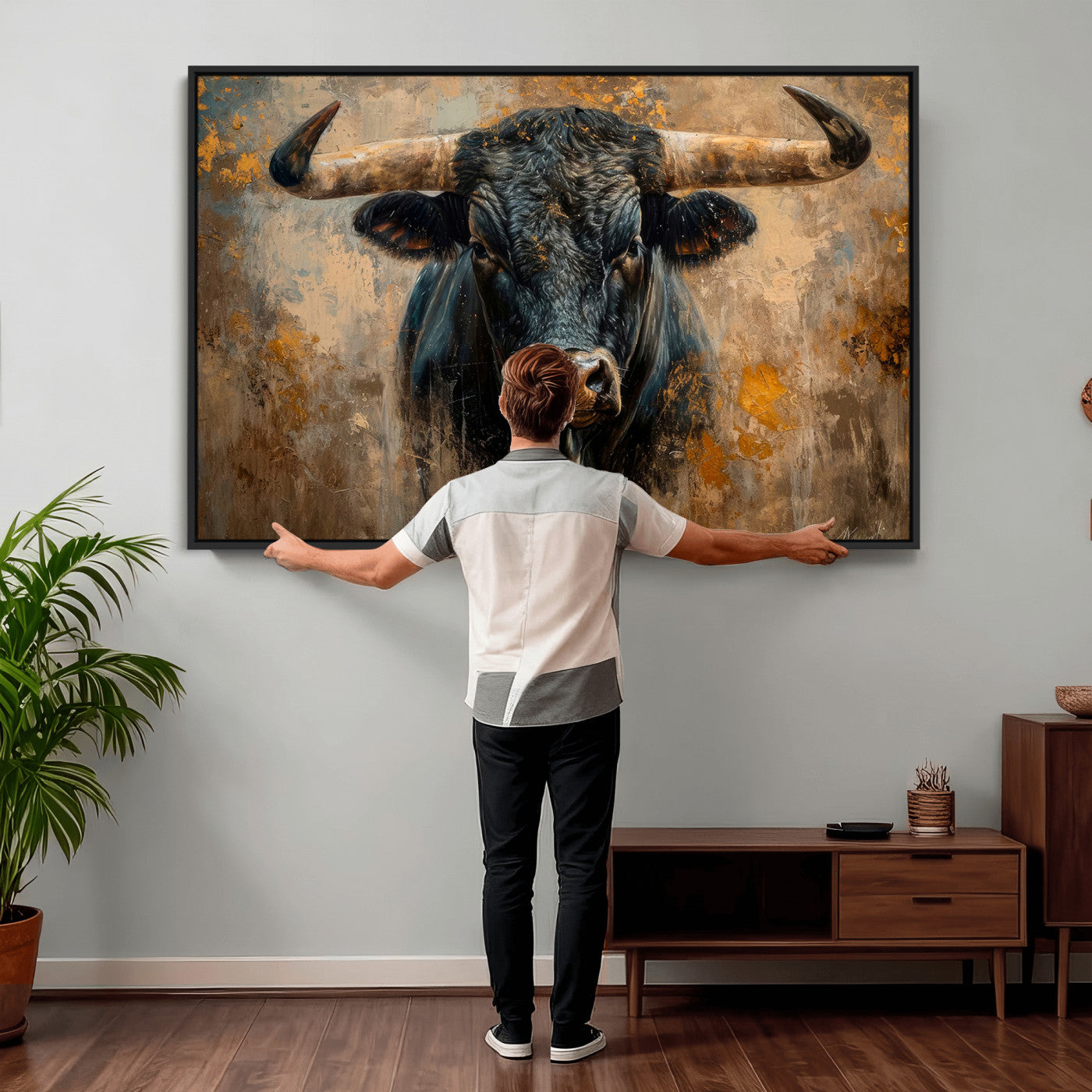 91615410-MGV-CV-36X24 - Abstract Texas Longhorn Bull Wall Art – Rustic Farmhouse Canvas Print, Western Cabin Style Decor, Large Animal Artwork for Living Room or Office
