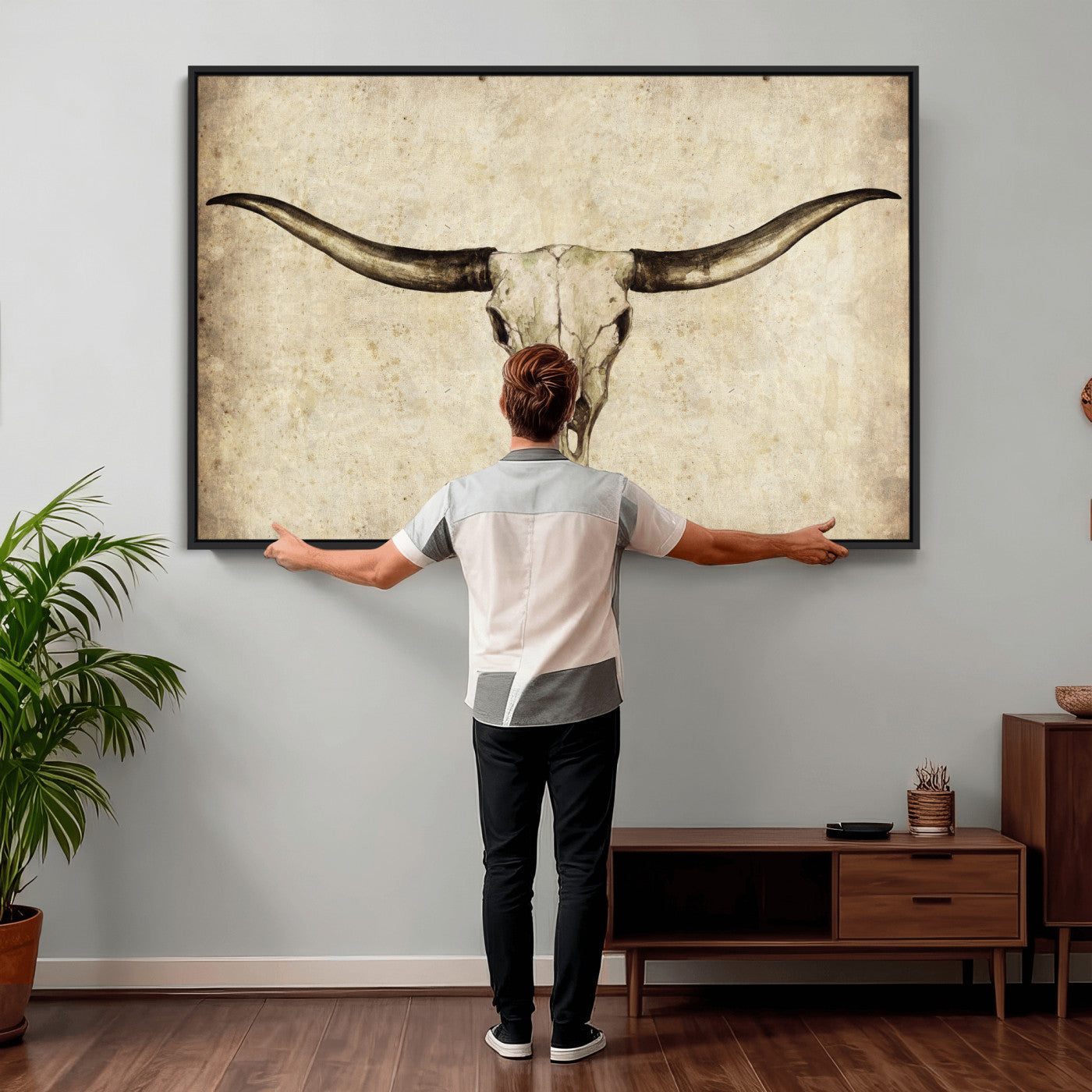 42788678-MGV-CV-36X24 - Longhorn Skull Wall Art Canvas Print – Rustic Western Artwork Print for Living Room Wall Decor