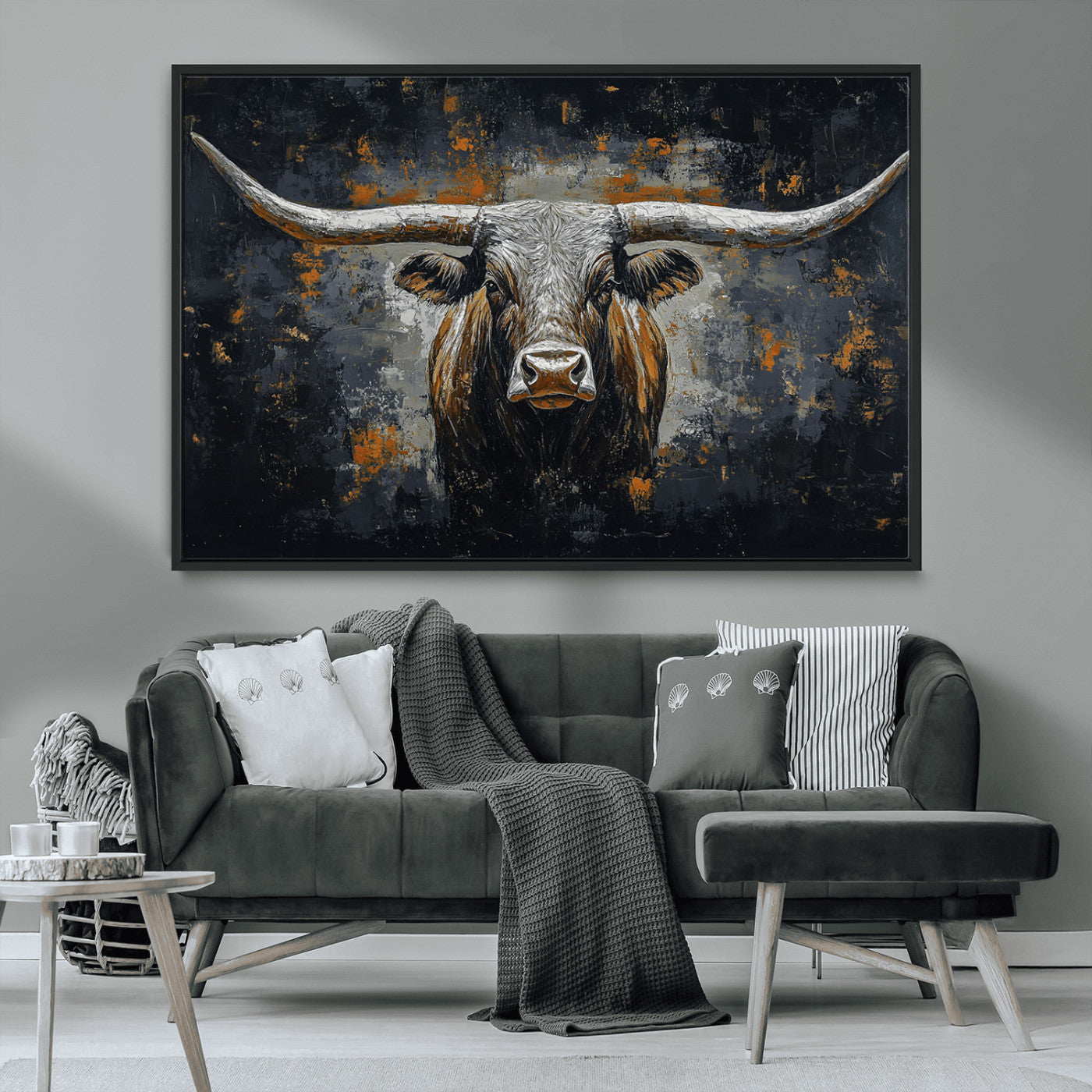 93195031-MGV-CV-36X24-Rustic Longhorn Bull Wall Art Canvas Print – Vintage Western Cattle Scene, Texas Steer Artwork for Home, Office
