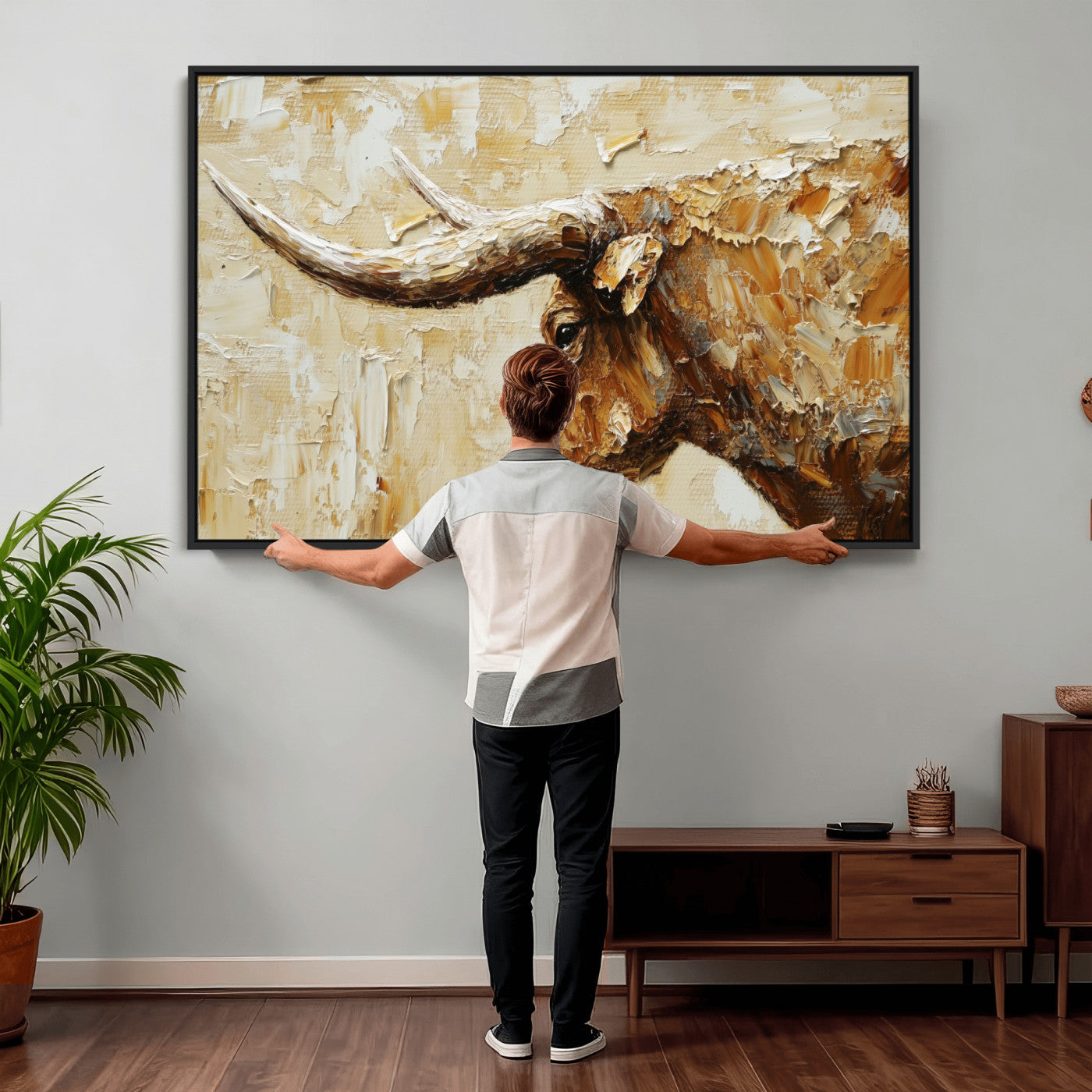 69611428-MGV-CV-36X24 - Rustic Longhorn Bull Wall Art Canvas Print – Vintage Western Cattle Painting, Texas Abstract Wall Cow Prints