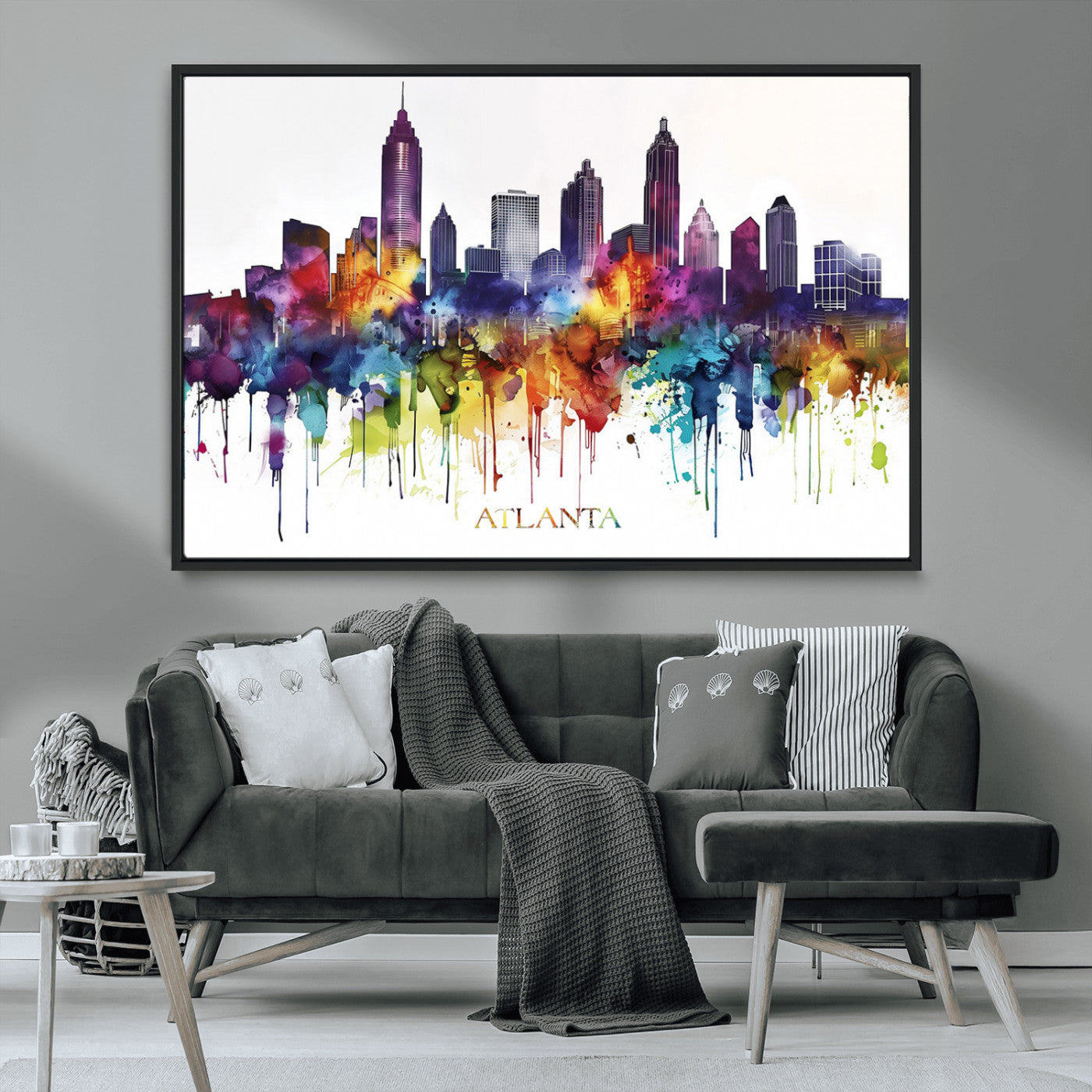 36048320-MGV-CV-36X24-Atlanta Skyline Wall Art Canvas Print – Framed Colorful Watercolor Cityscape Abstract Urban Artwork for Home, Office