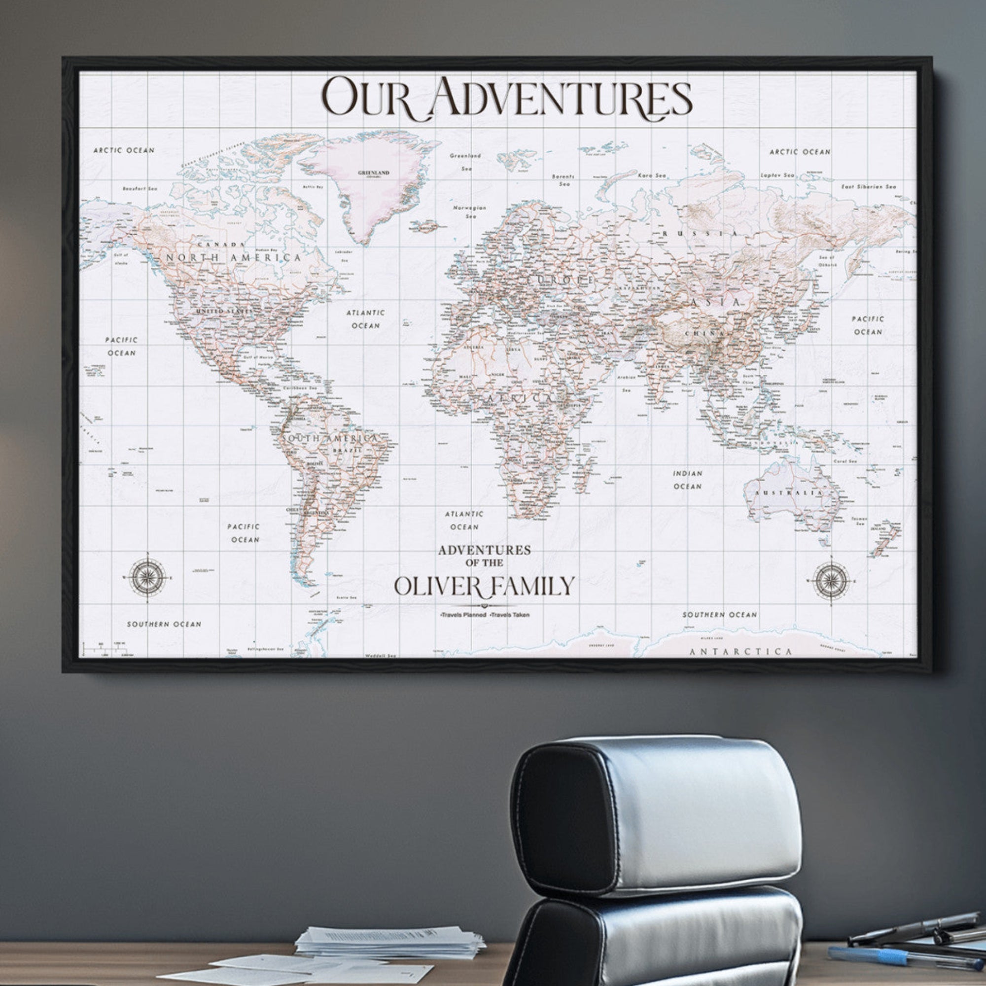 -Personalized Push Pin World Map Canvas – Custom Framed Travel Tracker Wall Art, Large Adventure Map with Pins for Home, Office