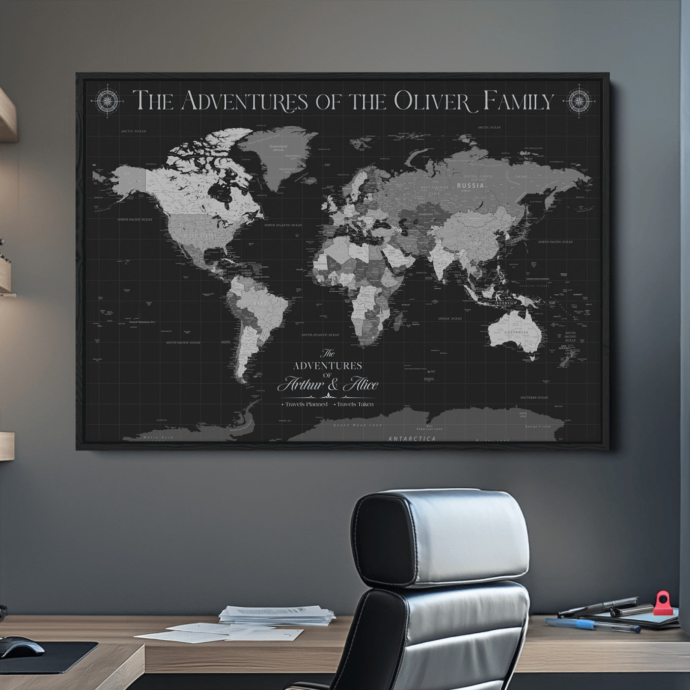 -Personalized Family World Map Canvas – Custom Framed Push Pin Travel Tracker, Modern Adventure Wall Art for Home, Office
