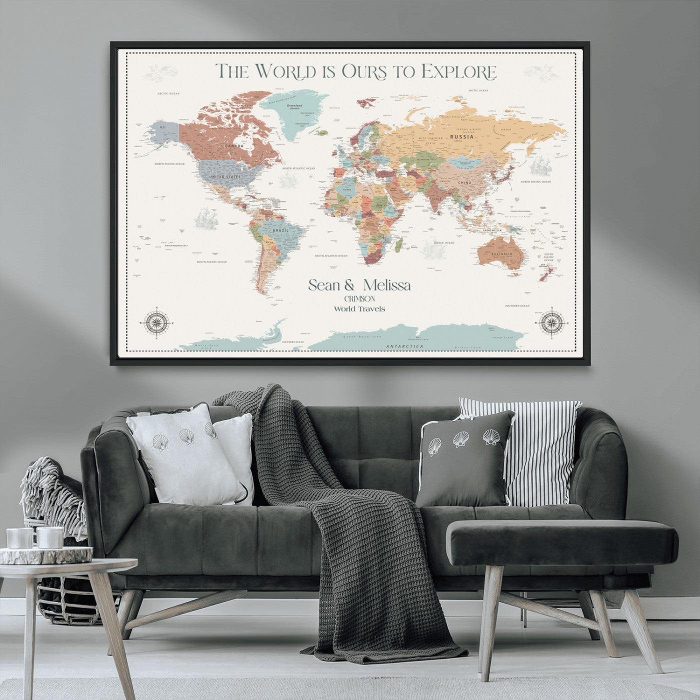 Rehber01-MGV-CV-36X24-Custom Push Pin World Map Wall Art Canvas Print – Personalized Travel Tracker with Pins Framed Large for home, office