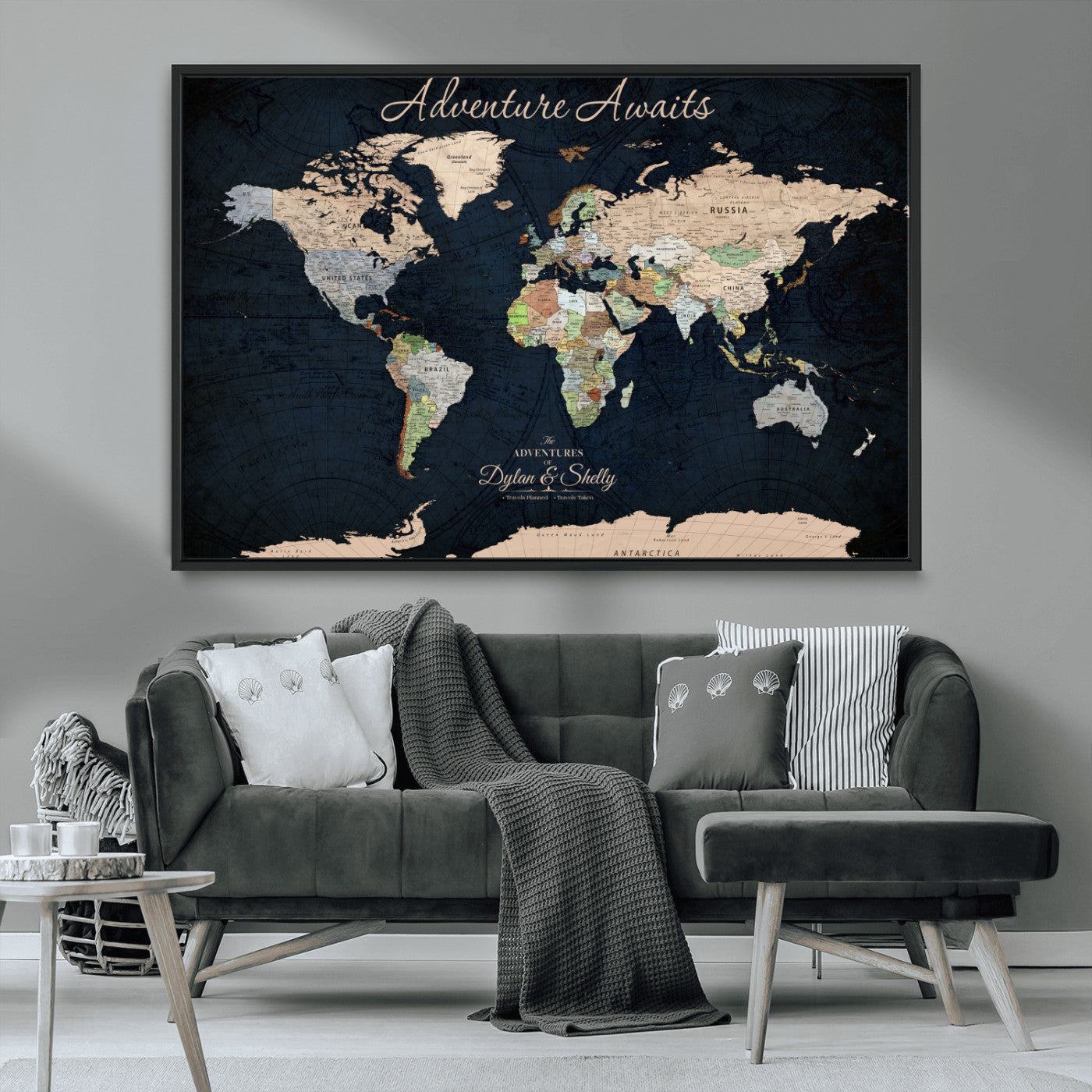 Rehber01-MGV-CV-36X24-Personalized World Map Canvas Print – Framed Push Pin Travel Wall Art for Couples – Adventure & Anniversary Gift