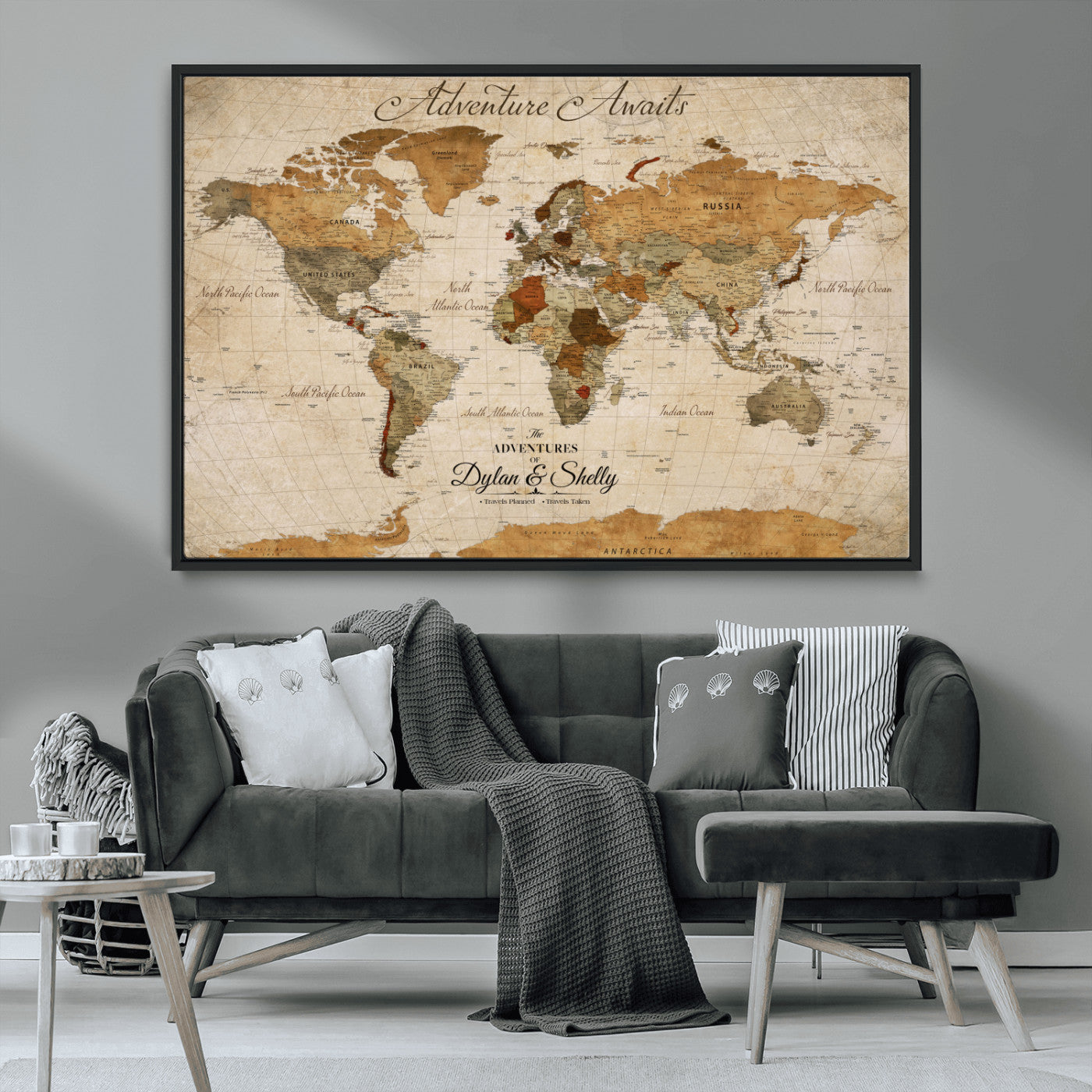 -Personalized Push Pin World Map Canvas Print – Custom Adventure Travel Map, Framed Wall Art Gift for Couples or Family