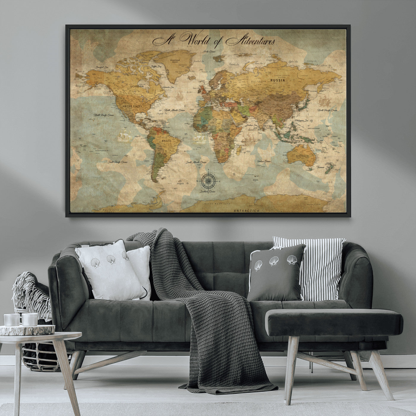 Rehber01-MGV-CV-36X24-Personalized World Map Canvas – Custom Framed Push Pin Travel Map Wall Art, Vintage Style Gift for Couples or Families