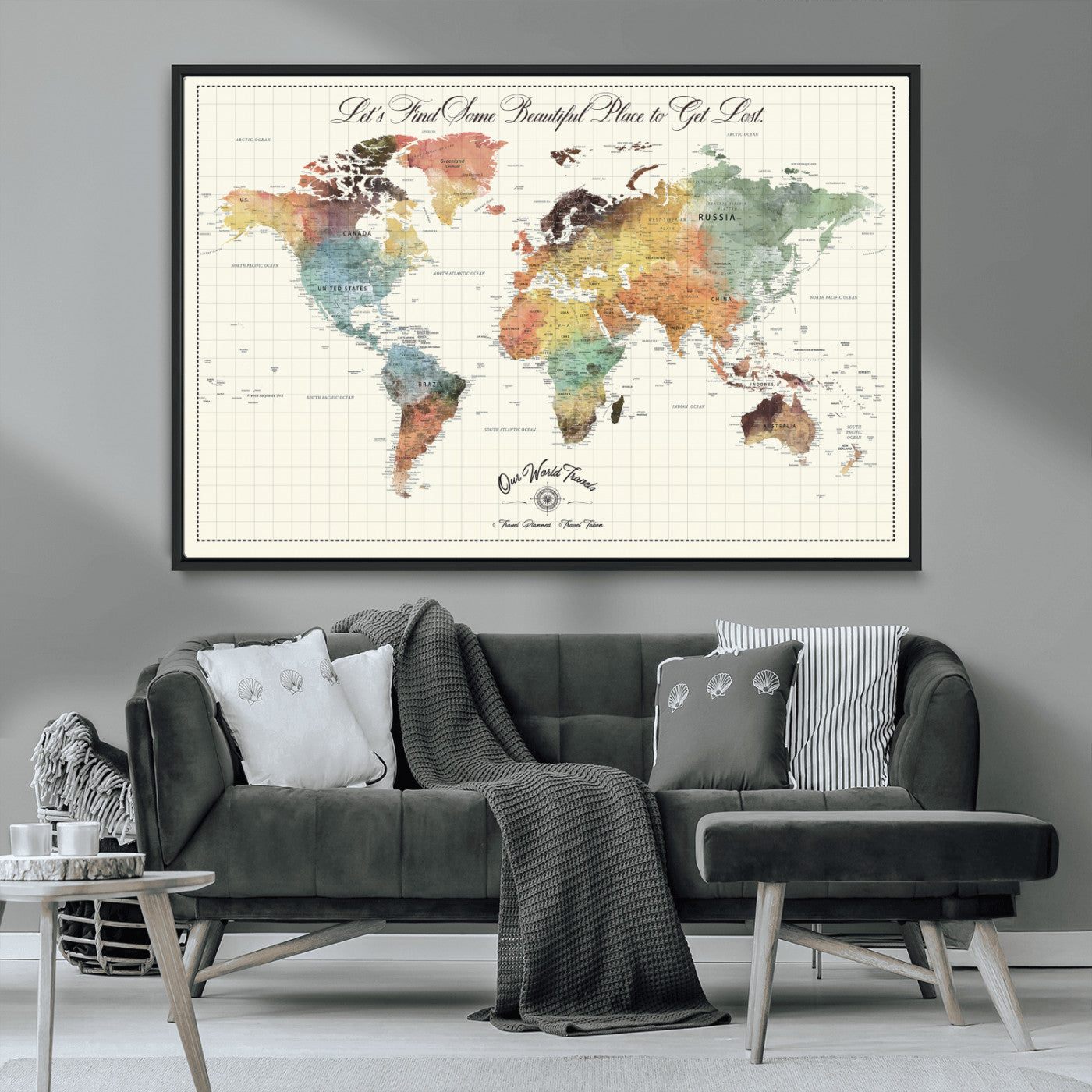 -Personalized Push Pin World Map Canvas Print – Custom Adventure Travel Tracker Map, Framed Wall Art Gift for Couples or Family