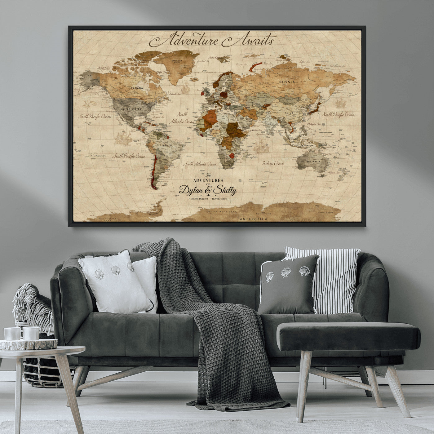 Rehber01-MGV-CV-36X24-Personalized World Map Canvas – Custom Framed Push Pin Travel Map Wall Art with Names, Vintage Style Gift for Couples