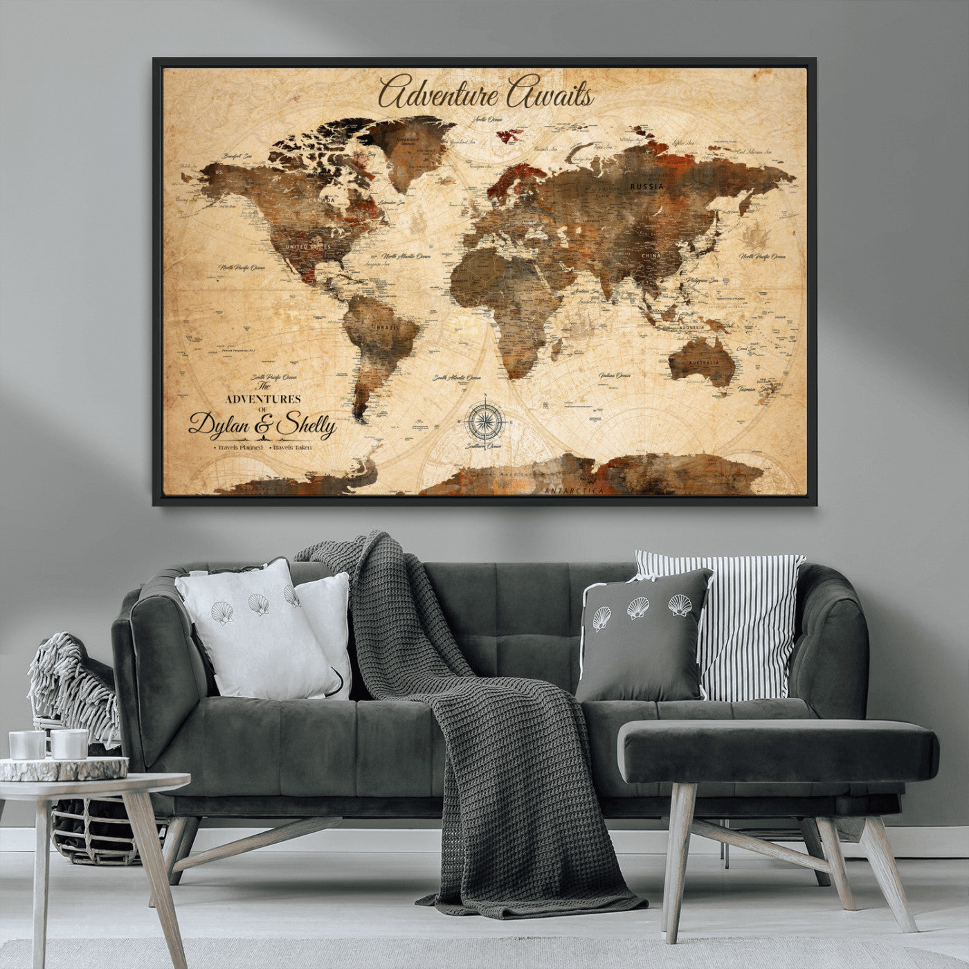 Rehber01-MGV-CV-36X24-Personalized World Map Canvas Wall Art – Custom Framed Push Pin Travel Tracker Print, Unique Gift for Home or Office Decor