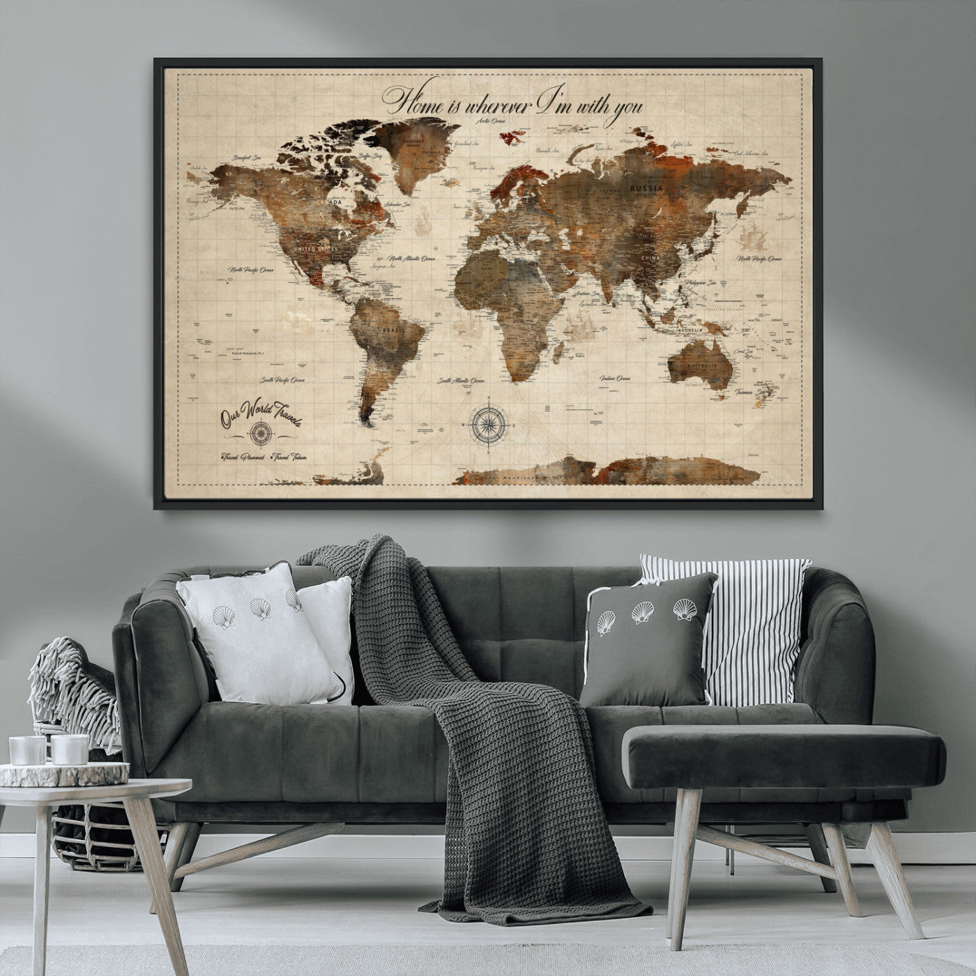 Rehber01-MGV-CV-36X24-Personalized World Map Canvas Wall Art – Custom Framed Push Pin Travel Tracker Print, Unique Gift for Home or Office Decor