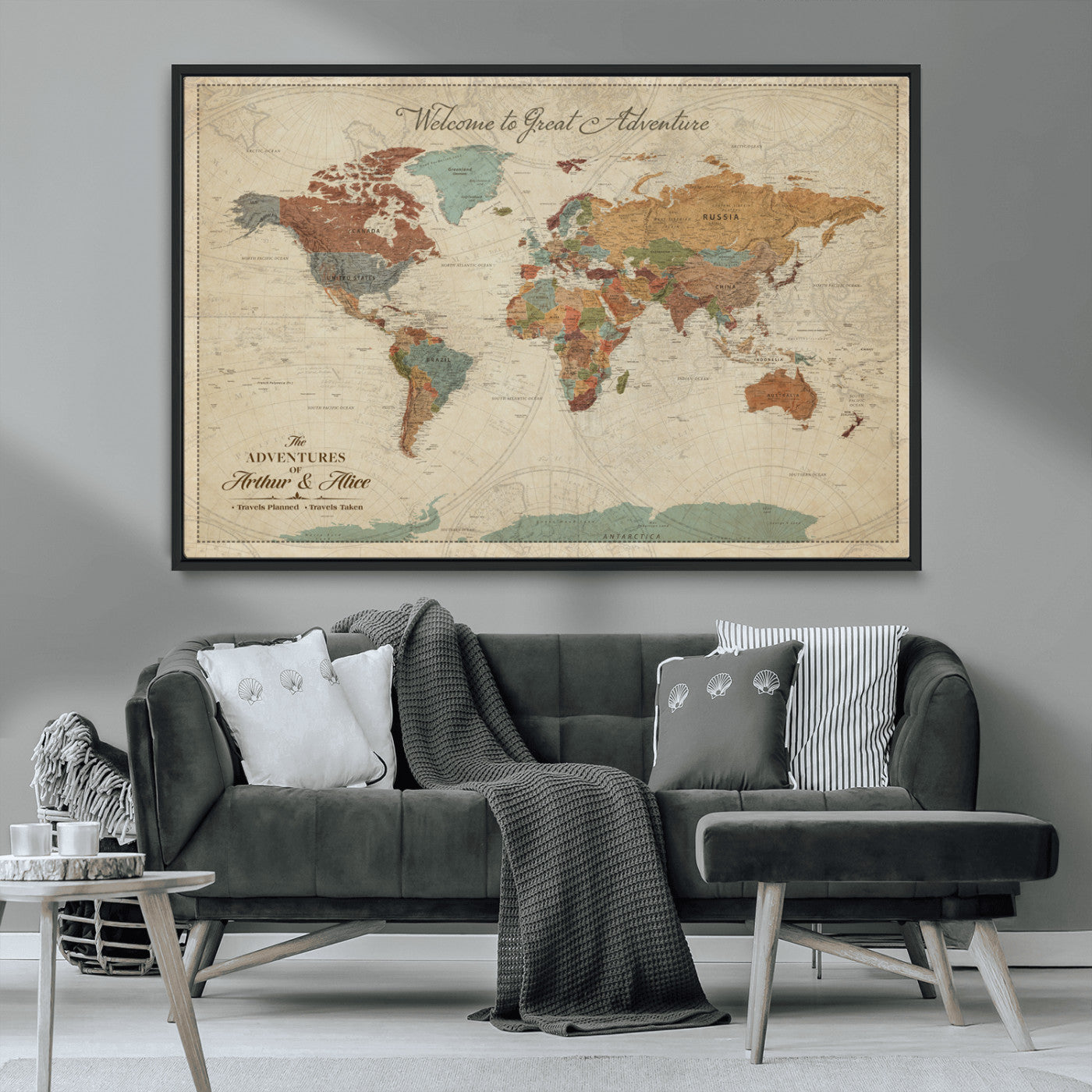 -Personalized World Map Canvas Wall Art – Custom Framed Push Pin Travel Tracker Print, Unique Gift for Home or Office Decor