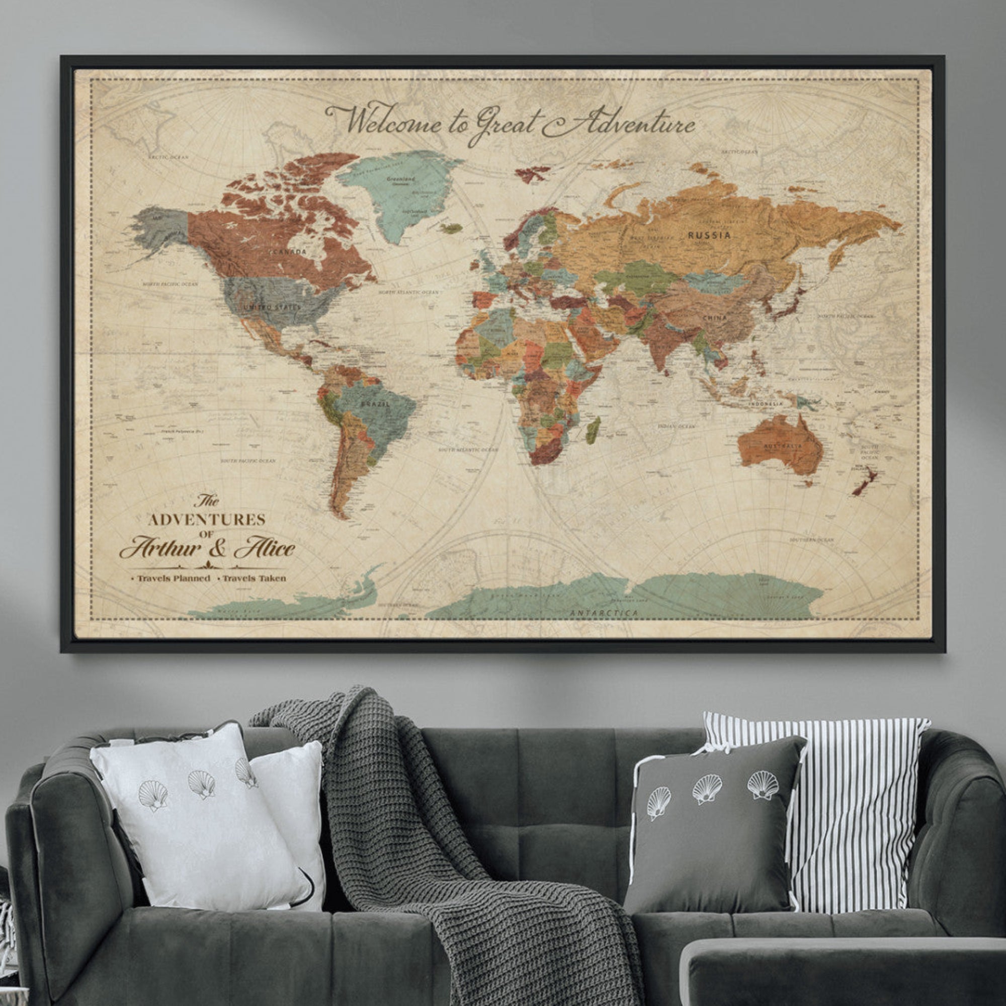 Rehber01-MGV-CV-36X24-Personalized World Map Canvas Wall Art – Custom Framed Push Pin Travel Tracker Print, Unique Gift for Home or Office Decor