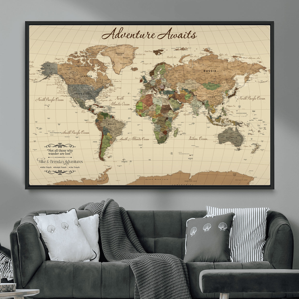 31875069-MGV-FC-36X24 - Customizable Push Pin World Map Wall Canvas Print – Personalize Travel Tracker with Pins – Framed Custom Quotie Canvas for Home Office Decor