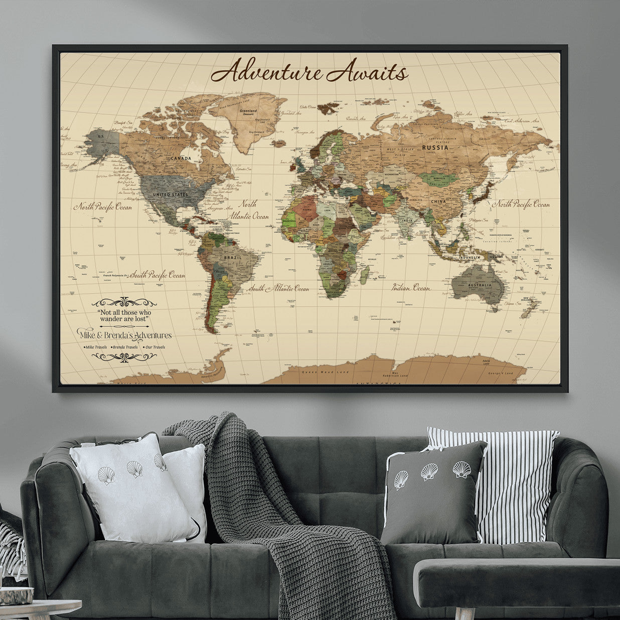 31875069-MGV-FC-36X24 - Customizable Push Pin World Map Wall Canvas Print – Personalize Travel Tracker with Pins – Framed Custom Quotie Canvas for Home Office Decor