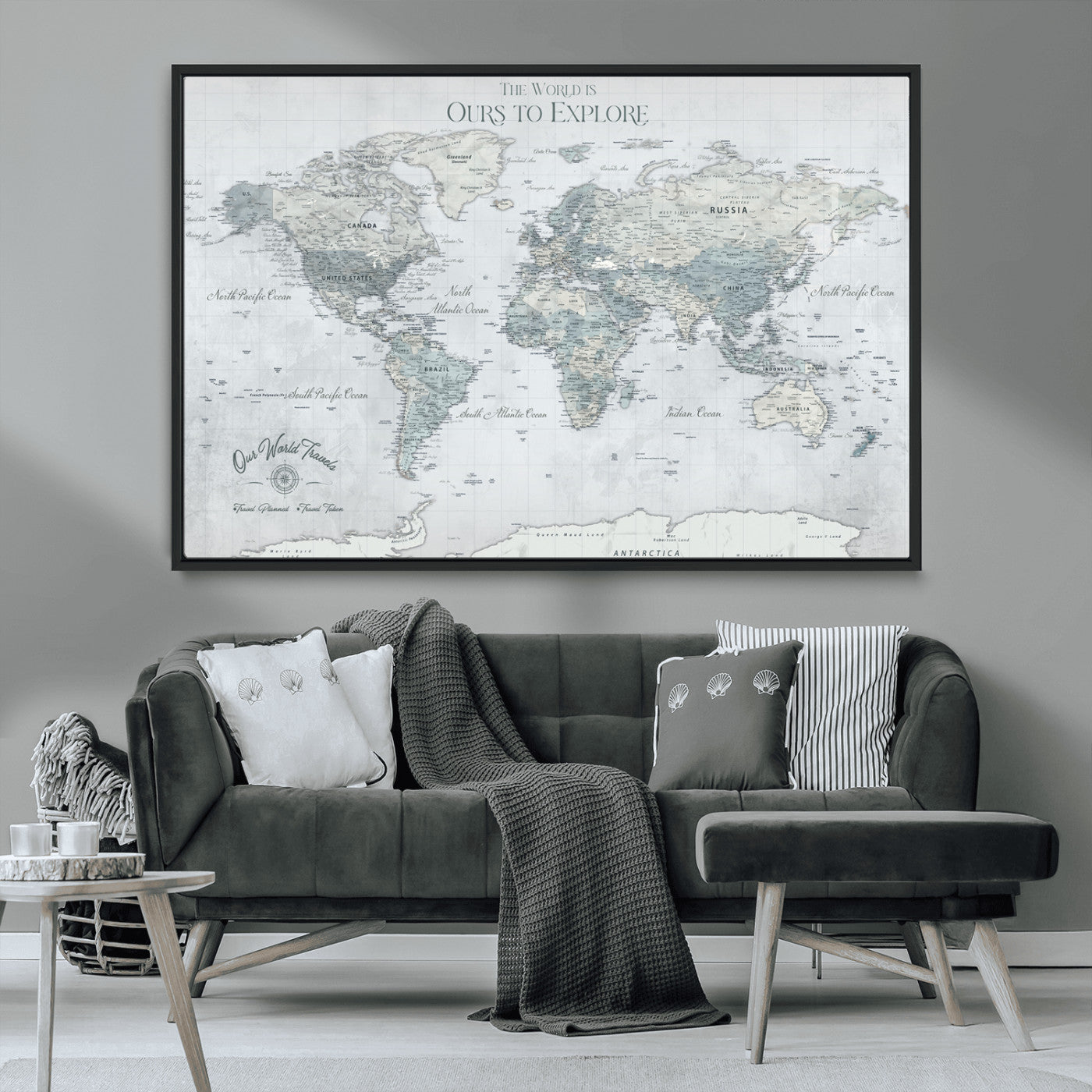 Rehber01-MGV-CV-36X24-Personalized Push Pin World Map Canvas Print – Custom Framed Travel Tracker Wall Art Large Map Artwork for Home, Office