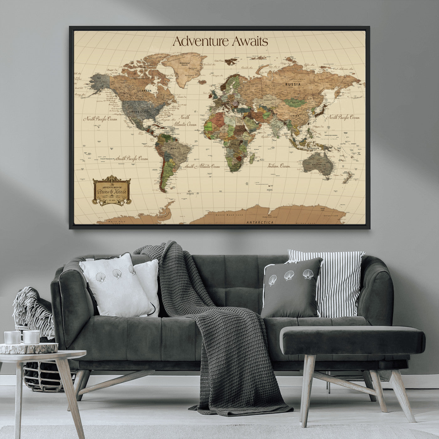 Rehber01-MGV-CV-36X24-Custom Push Pin World Map Wall Art Canvas Print – Personalized Travel Tracker Adventure Destination Gift for Home Office