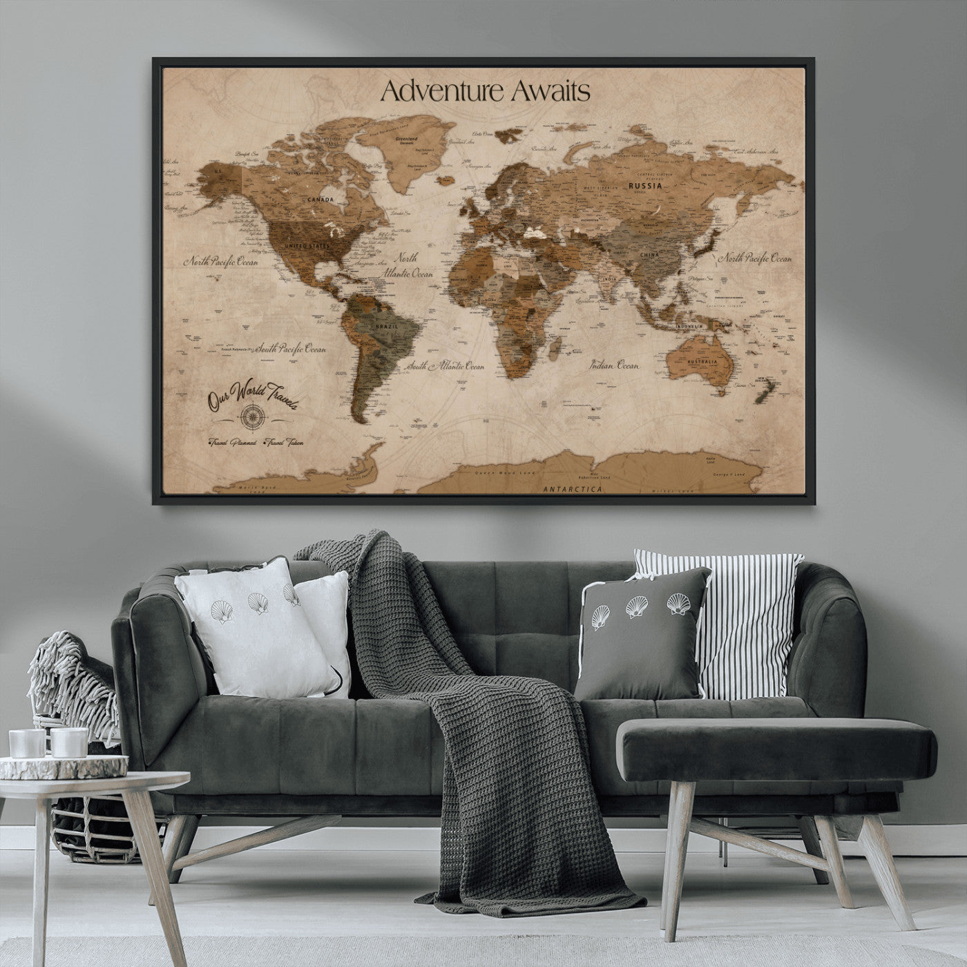 Rehber01-MGV-CV-36X24-Personalized Framed World Map Wall Art Canvas – Custom Push Pin Travel Map with 100 Pins Foam Backing for Home Office