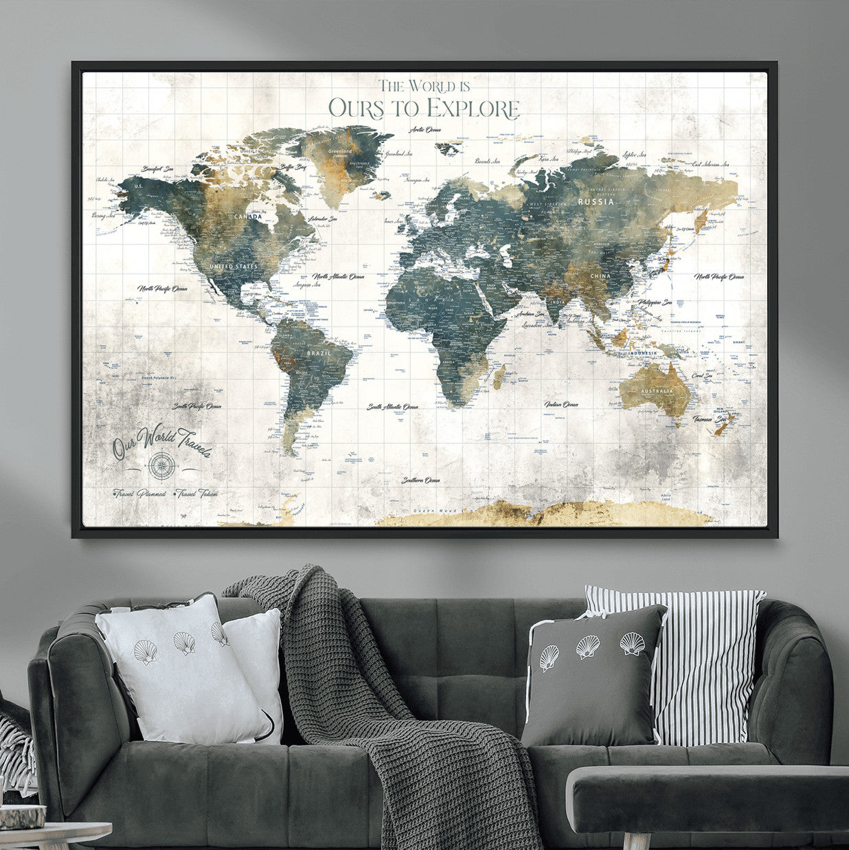 14988581-MGV-FC-36X24 - Custom Push Pin World Map Wall Canvas Print – Personalized Travel Tracker with Pins – Framed Custom Quotie Canvas for Home Office Decor