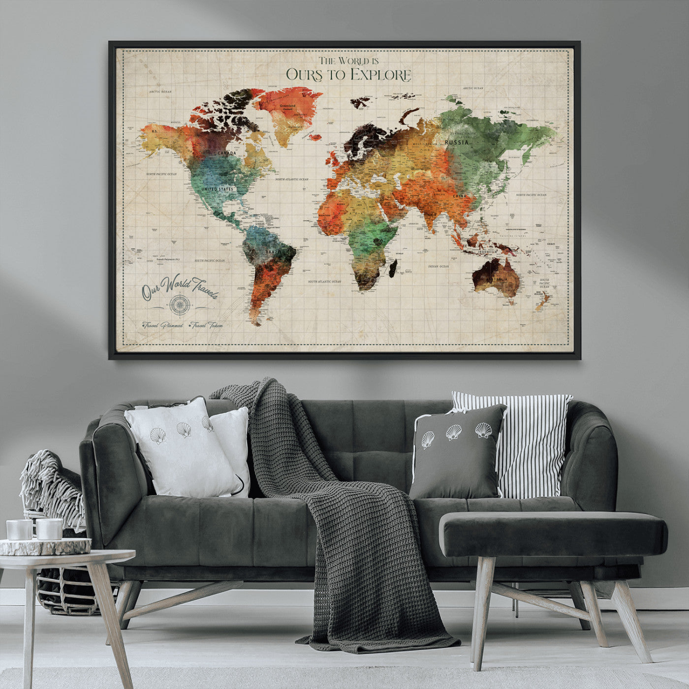 Rehber01-MGV-CV-36X24-Custom Push Pin World Map Wall Art Canvas Print – Personalized Travel Tracker Map Framed Artwork for Home Office